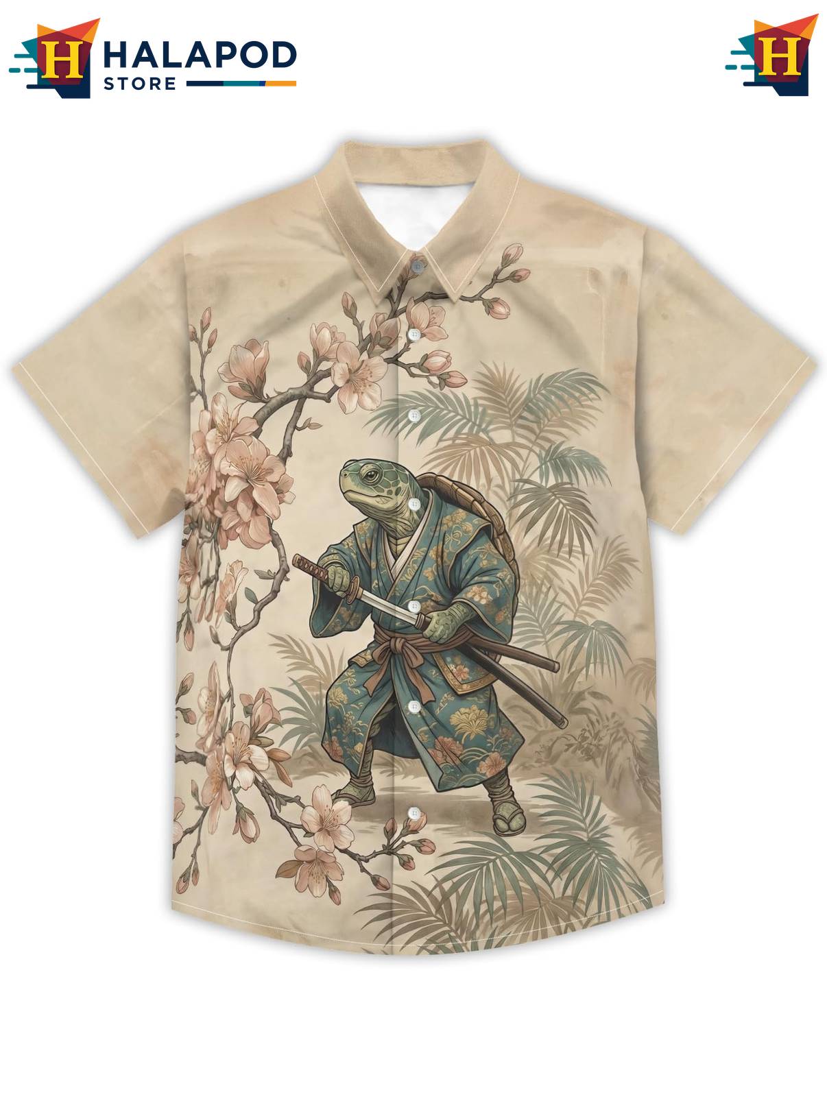 Beige Turtle Japanese Hawaiian Shirt Tropical Beach Short Sleeve Casual Mens