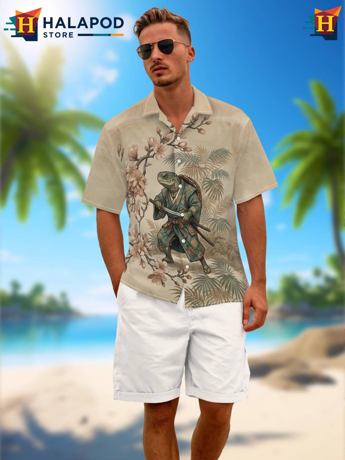 Beige Turtle Japanese Short-sleeve button-up shirt Tropical Beach Short Sleeve Casual Mens