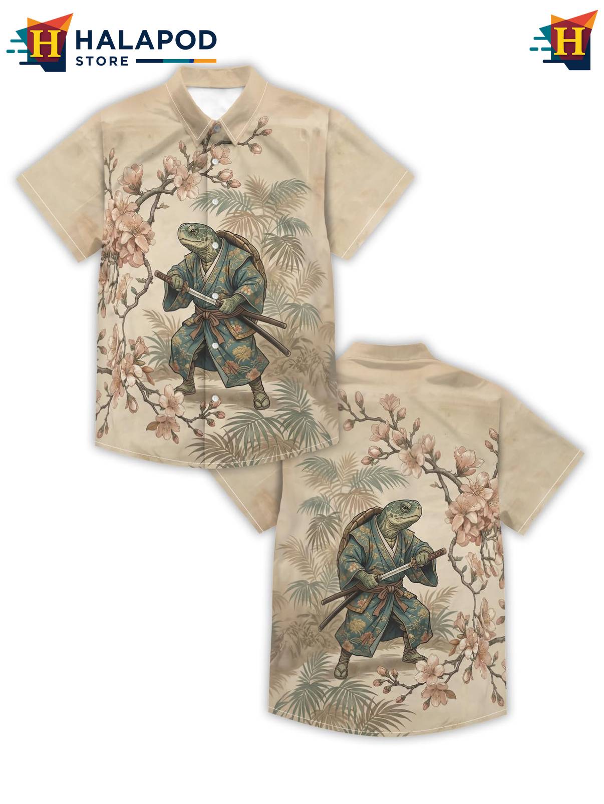 Beige Turtle Japanese Short-sleeve button-up shirt Tropical Beach Short Sleeve Casual Mens