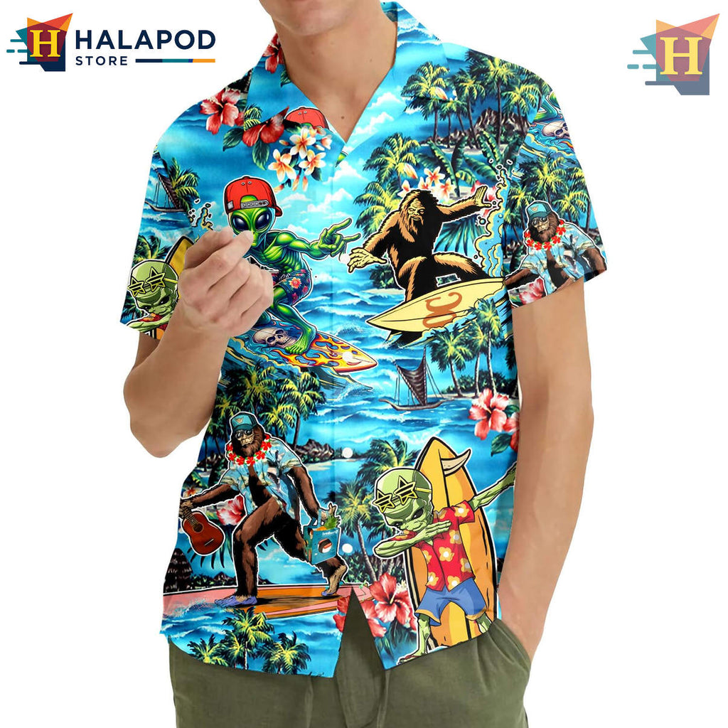 Bigfoot Alien Summer Hawaiian Shirt 2026 Tropical Beach Casual Mens Fan Apparel
