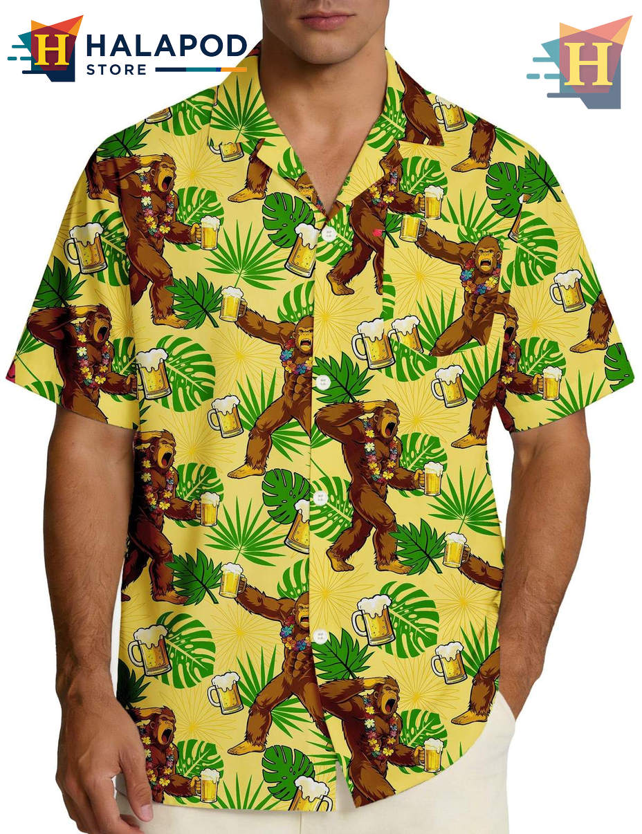 Bigfoot Beer Hawaiian Shirt Funny Mens Beach Casual Summer Tropical Vacation Top