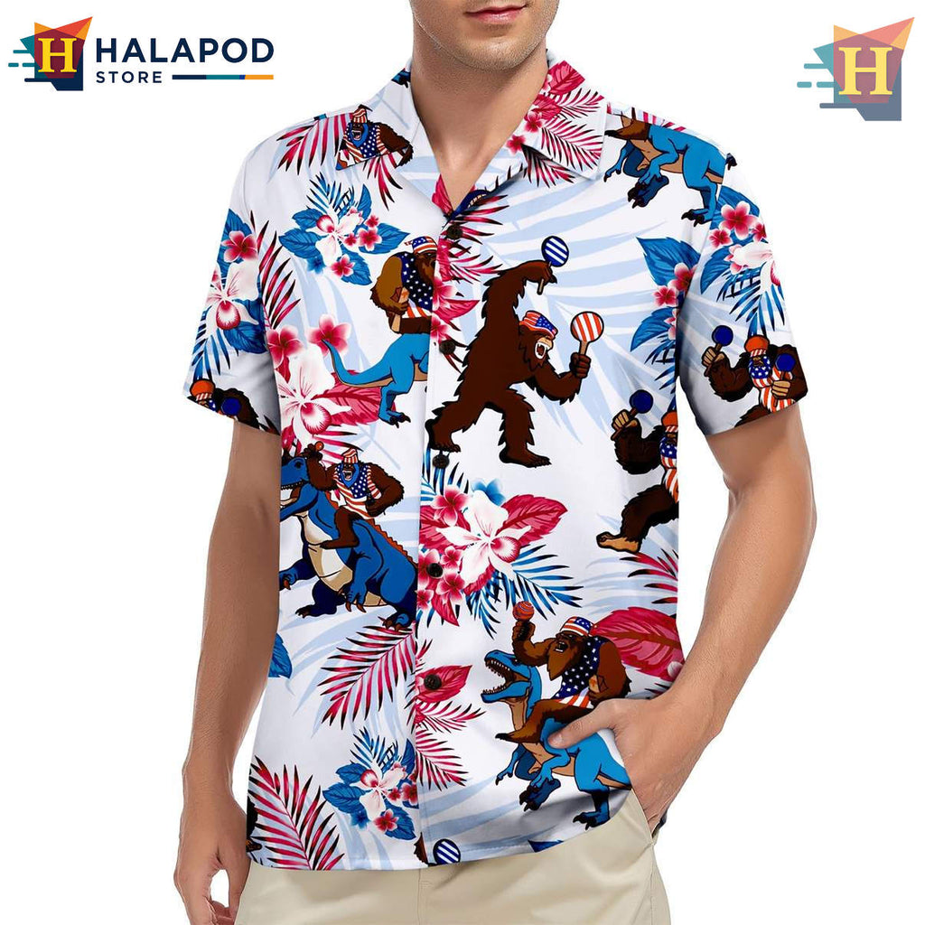 Bigfoot Dinosaur Hawaiian Shirt American Flag Mens Tropical Summer Beach Wear
