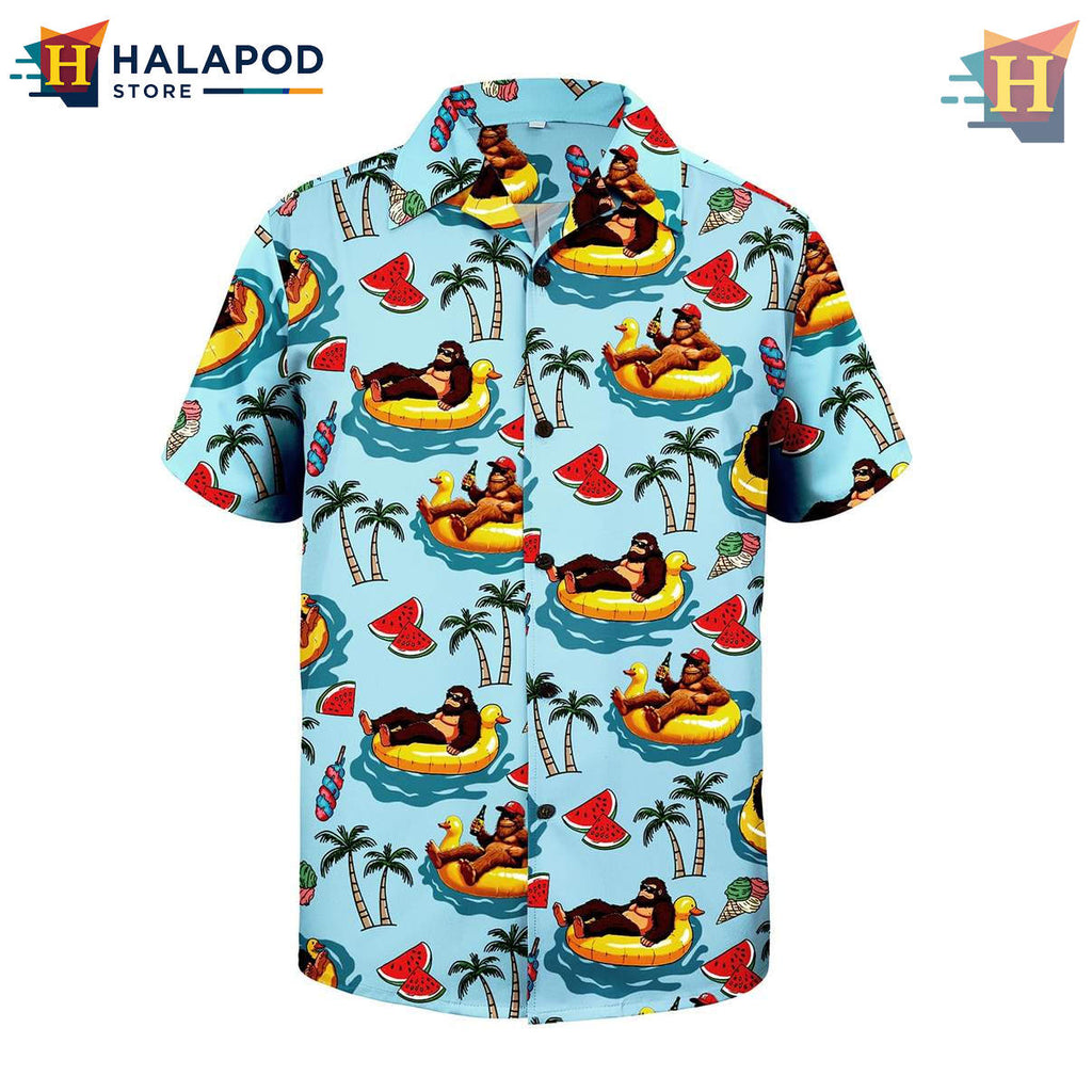 Bigfoot Duck Hawaiian Shirt Swim Ring Mens Tropical Summer Beach Cruise Wear