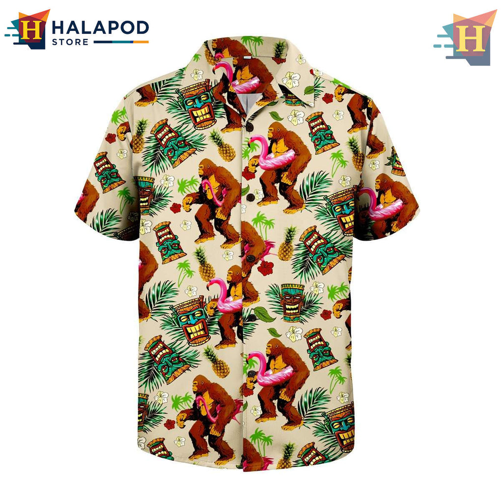 Bigfoot Flamingo Hawaiian Shirt Swim Ring Mens Tropical Aloha Summer Cruise