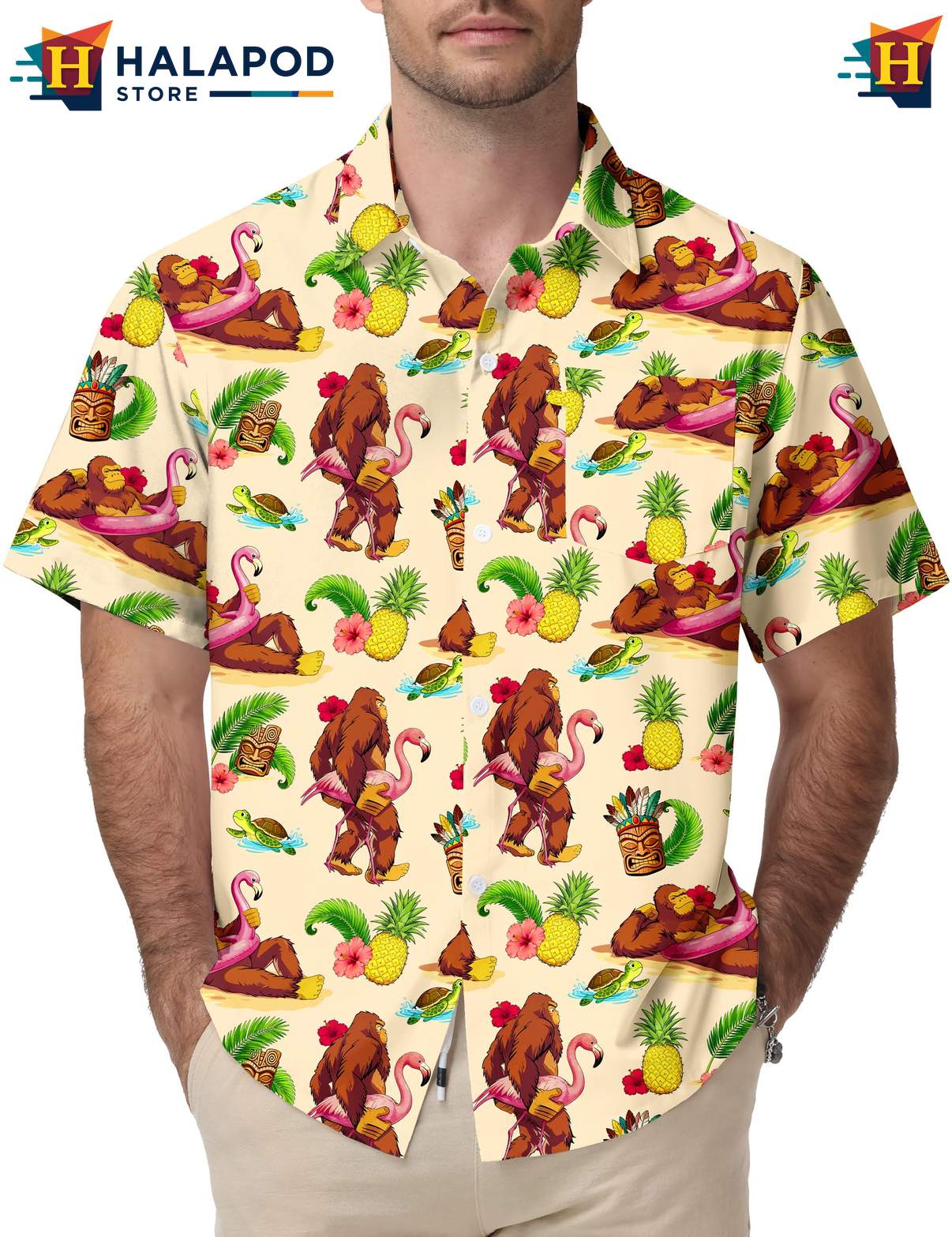 Bigfoot Flamingo Tropical Hawaiian Shirt Casual Funny Short Sleeve Outfit