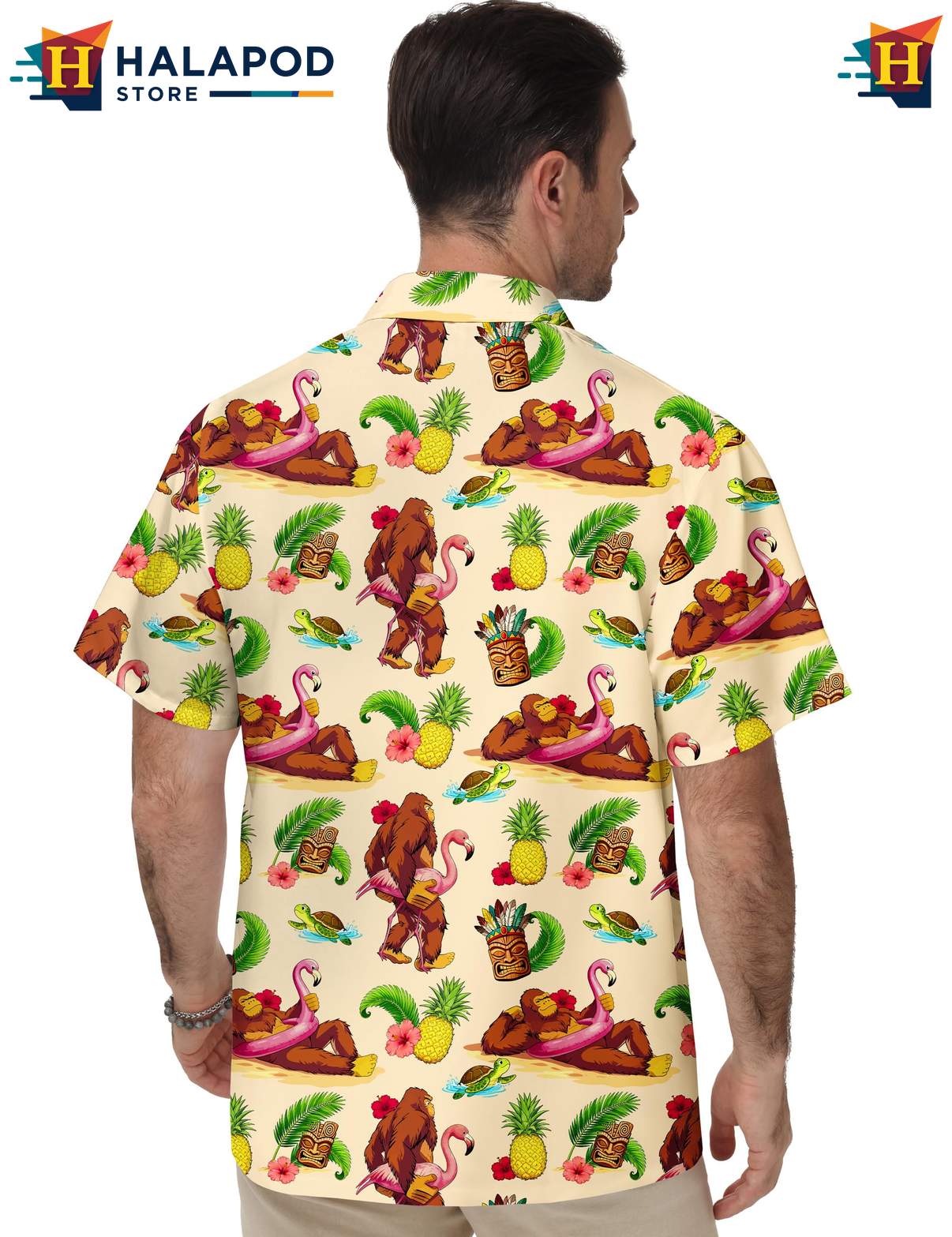 Bigfoot Flamingo Tropical Short-sleeve button-up shirt Casual Funny Short Sleeve Outfit