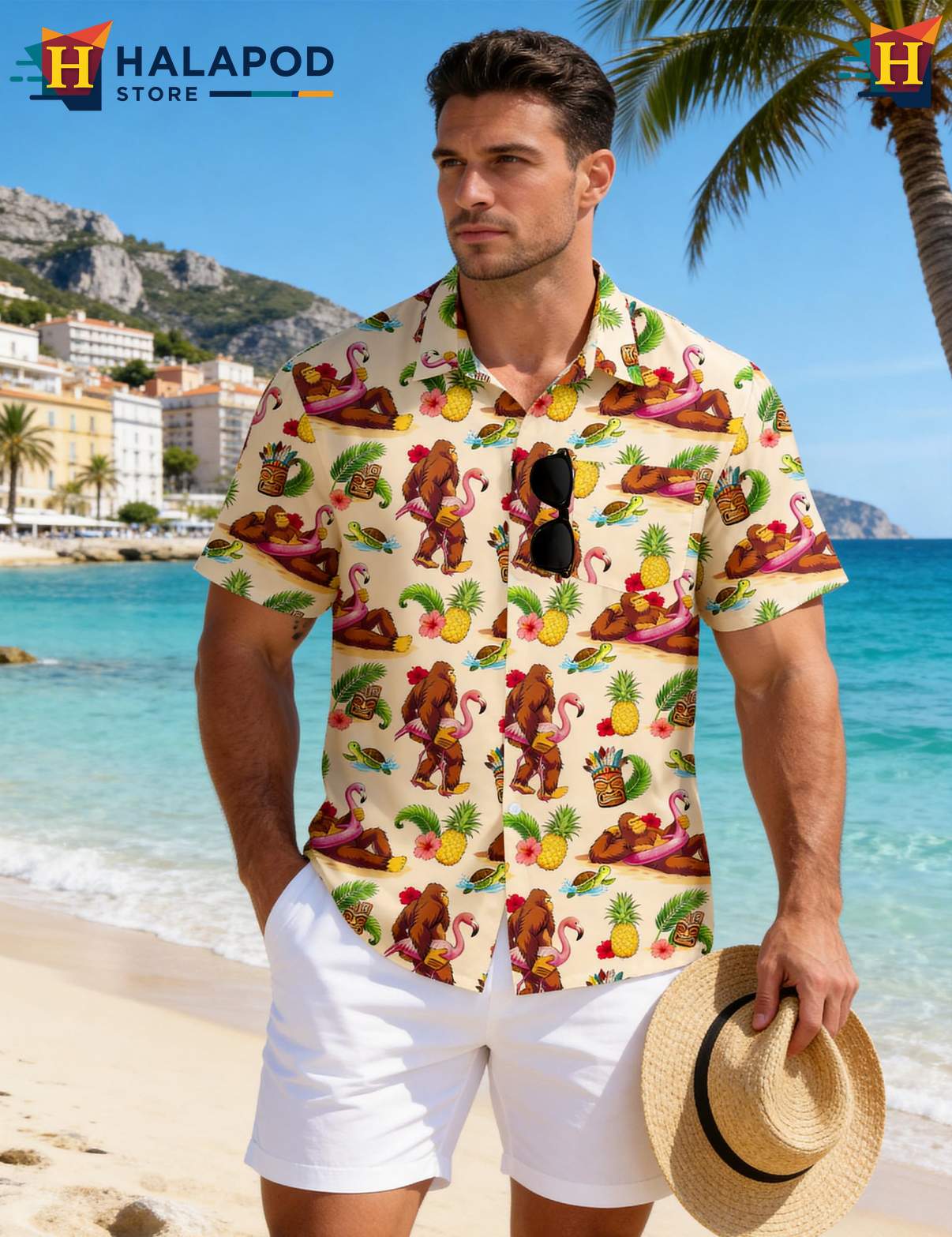 Bigfoot Flamingo Tropical Tropical Shirt Casual Funny Short Sleeve Outfit