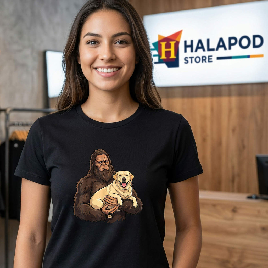 Bigfoot Holding Labrador Retriever Shirt Funny Sasquatch Dog Lover Graphic Mens