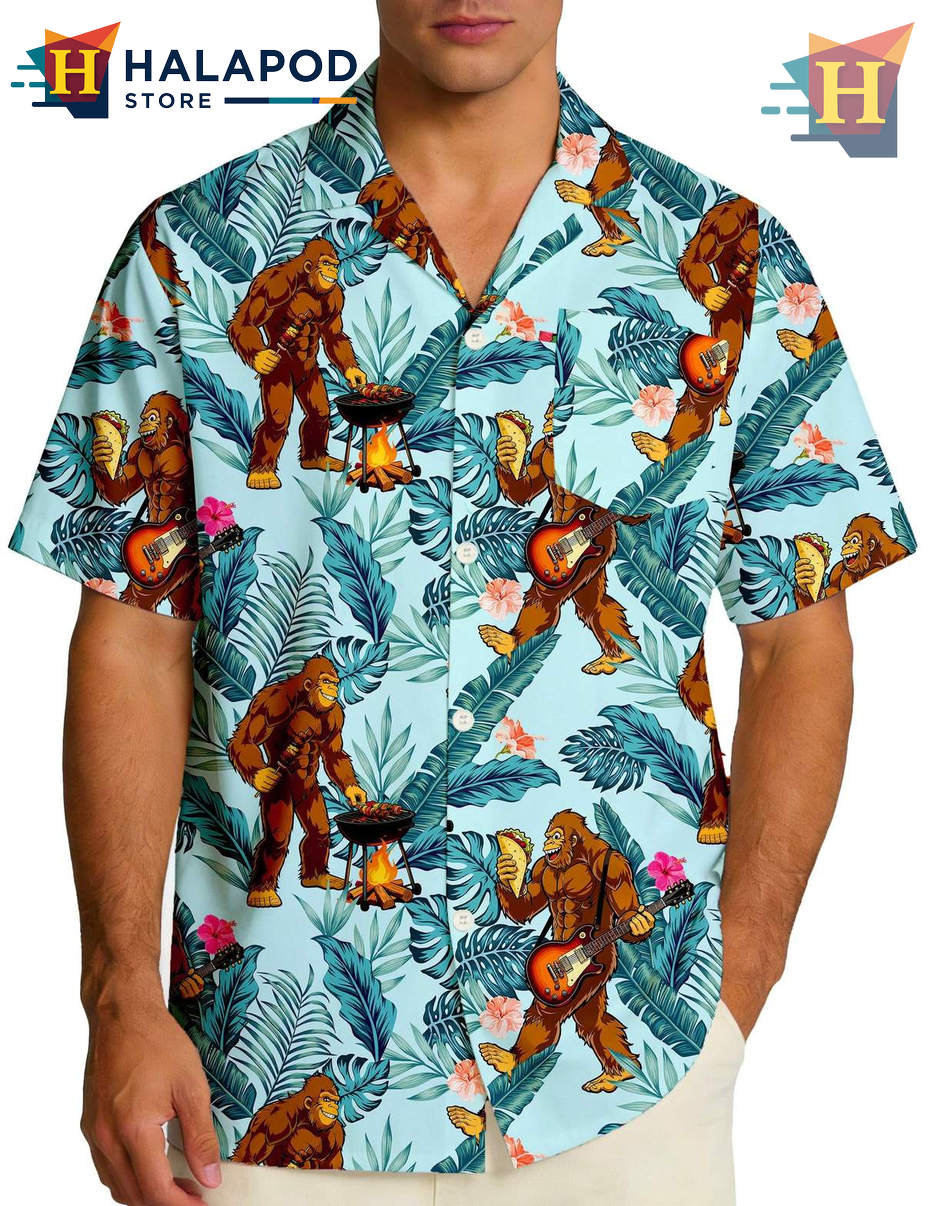 Bigfoot Palm Leaf Hawaiian Shirt Funny Mens Beach Casual Summer Vacation Outfits
