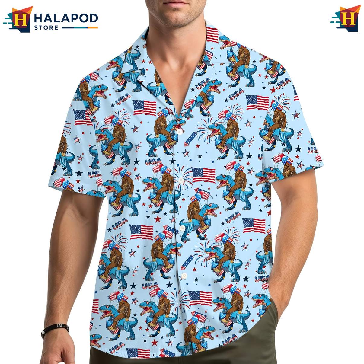 Bigfoot Patriotic Hawaiian Shirt For Men, Usa Flag 4th Of July Button Down Shirt