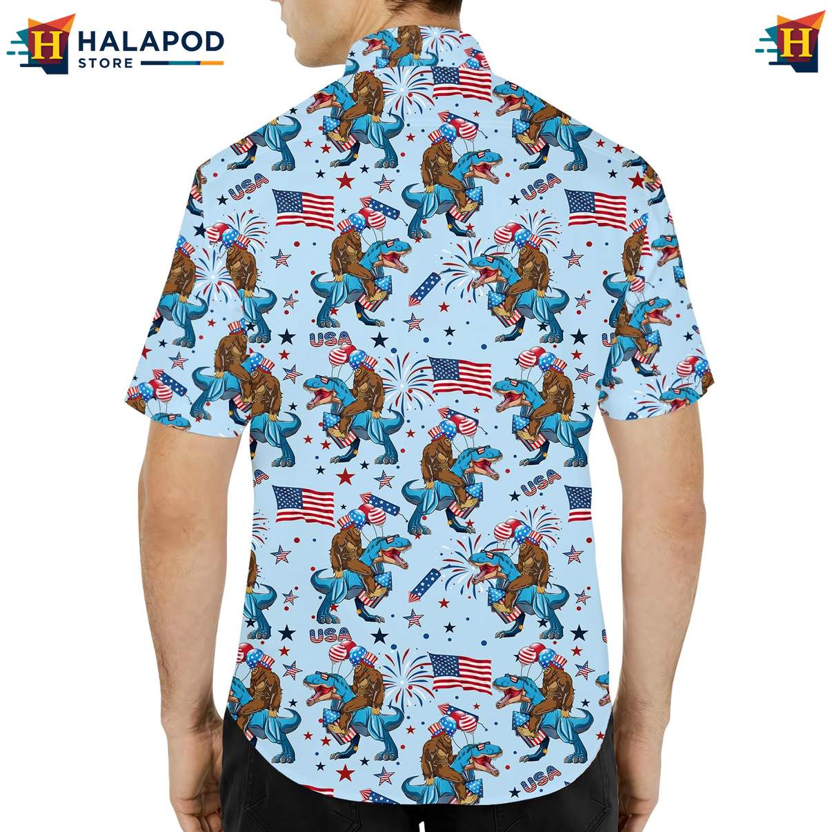 Bigfoot Patriotic Short-sleeve button-up shirt For Men, Usa Flag 4th Of July Button Down Shirt