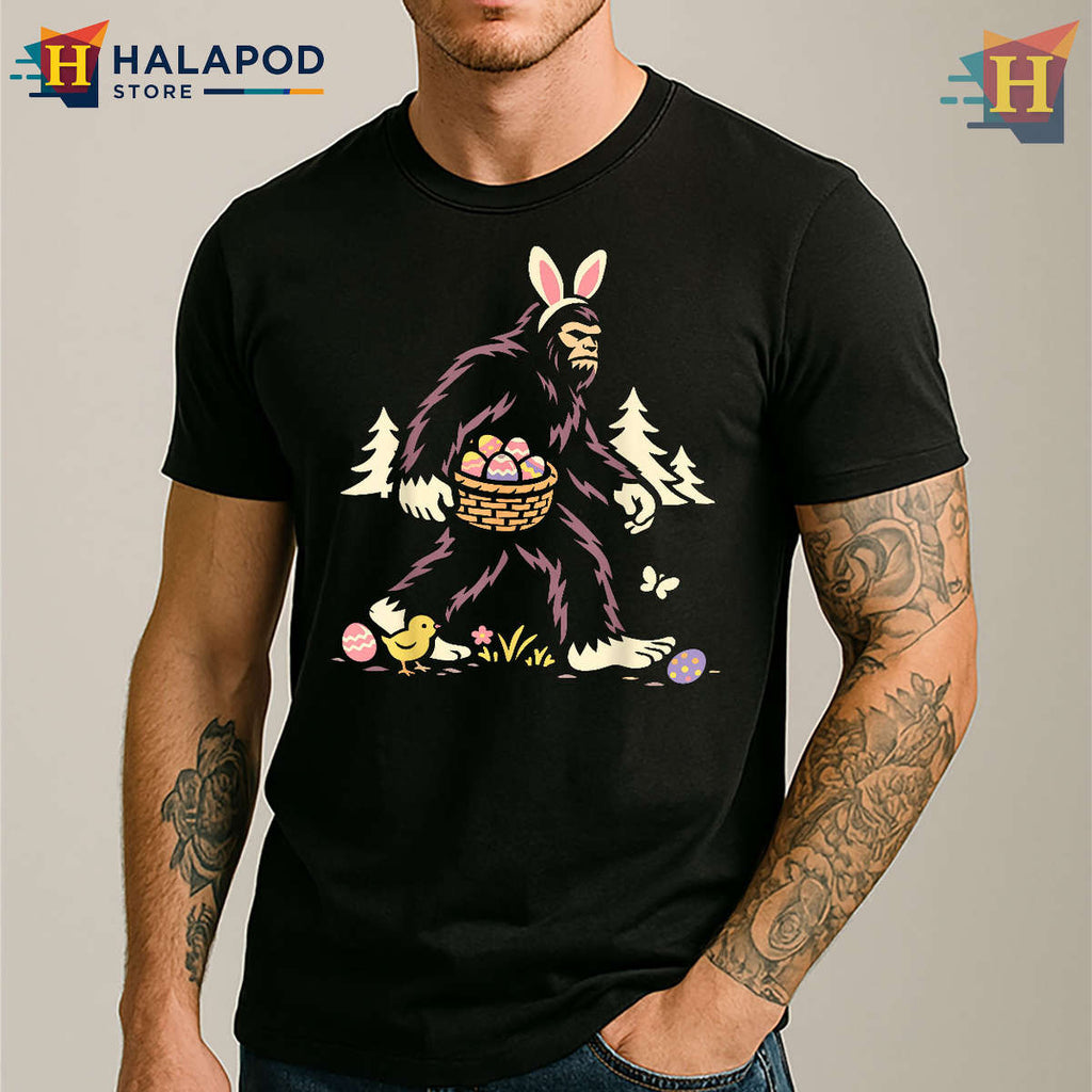 Bigfoot Sasquatch Bunny Egg Graphic Funny Easter Shirts Retro Style