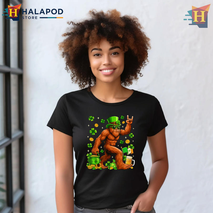 Bigfoot Sasquatch Shamrock Graphic St Patricks Day T Shirts Outdoor Fun