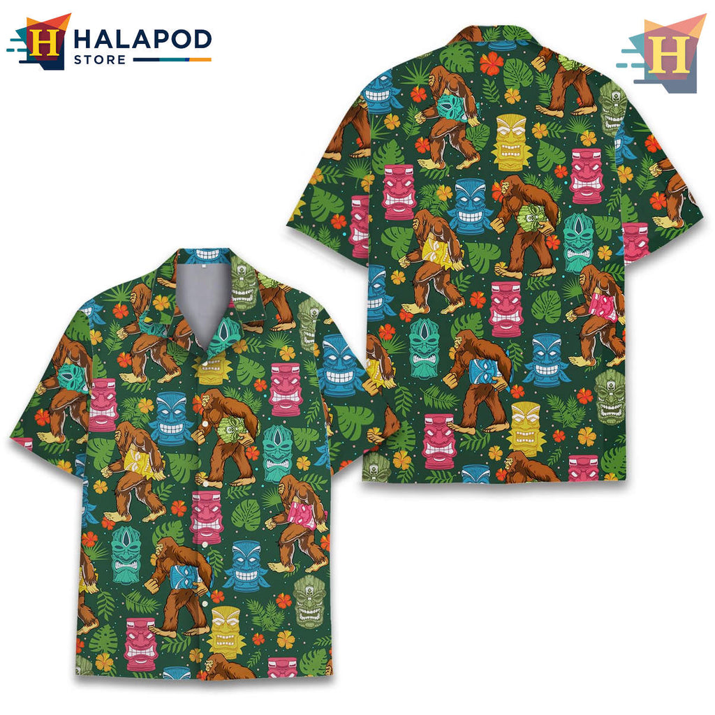 Bigfoot Tiki Hawaiian Shirt Tropical Sasquatch Summer Beach Casual Mens Apparel