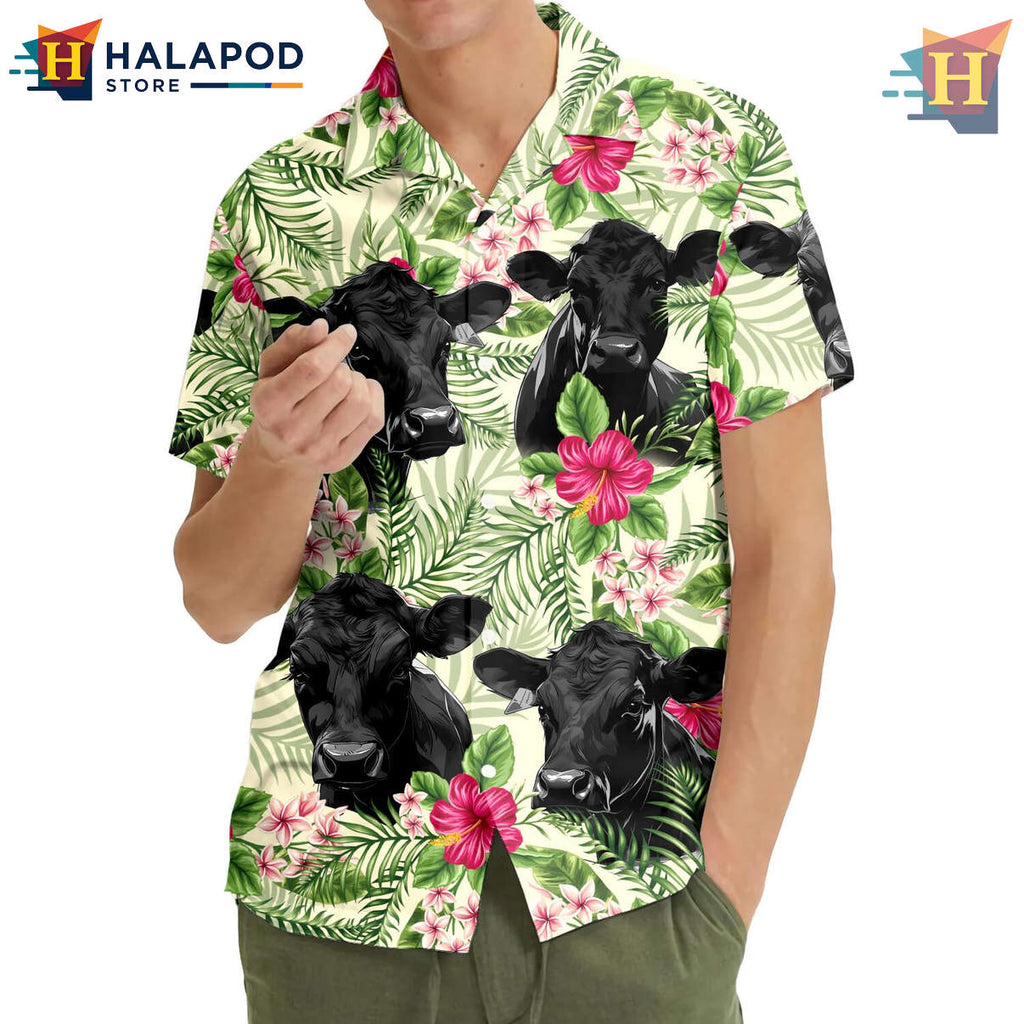 Black Angus Cow Beach Hawaiian Shirt 2026 Tropical Summer Casual Mens Fan Gear