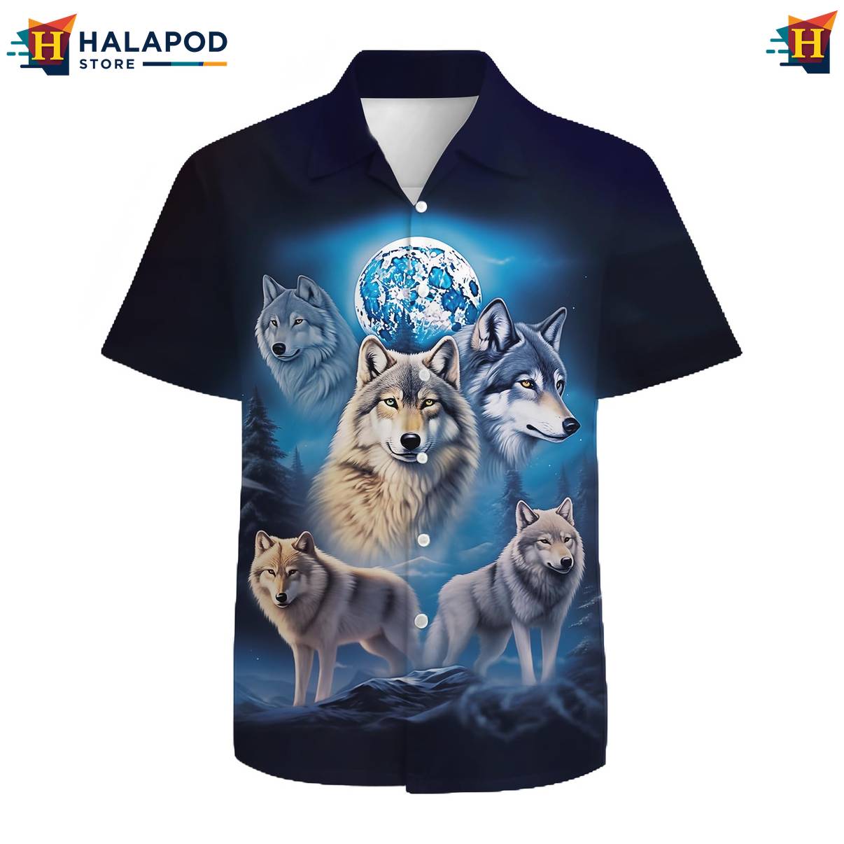 Black Blue Wolf Hawaiian Shirt Mens Short Sleeve Floral Button Down Tops