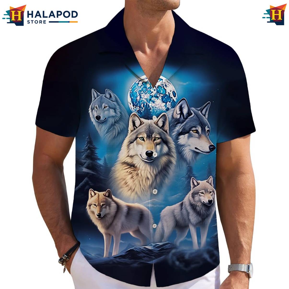 Black Blue Wolf Short-sleeve button-up shirt Mens Short Sleeve Floral Button Down Tops