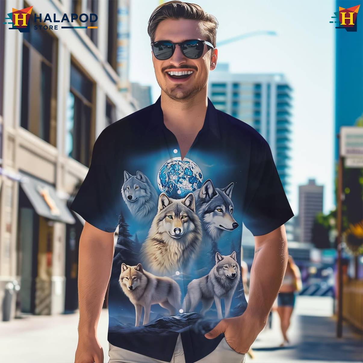 Black Blue Wolf Tropical Shirt Mens Short Sleeve Floral Button Down Tops