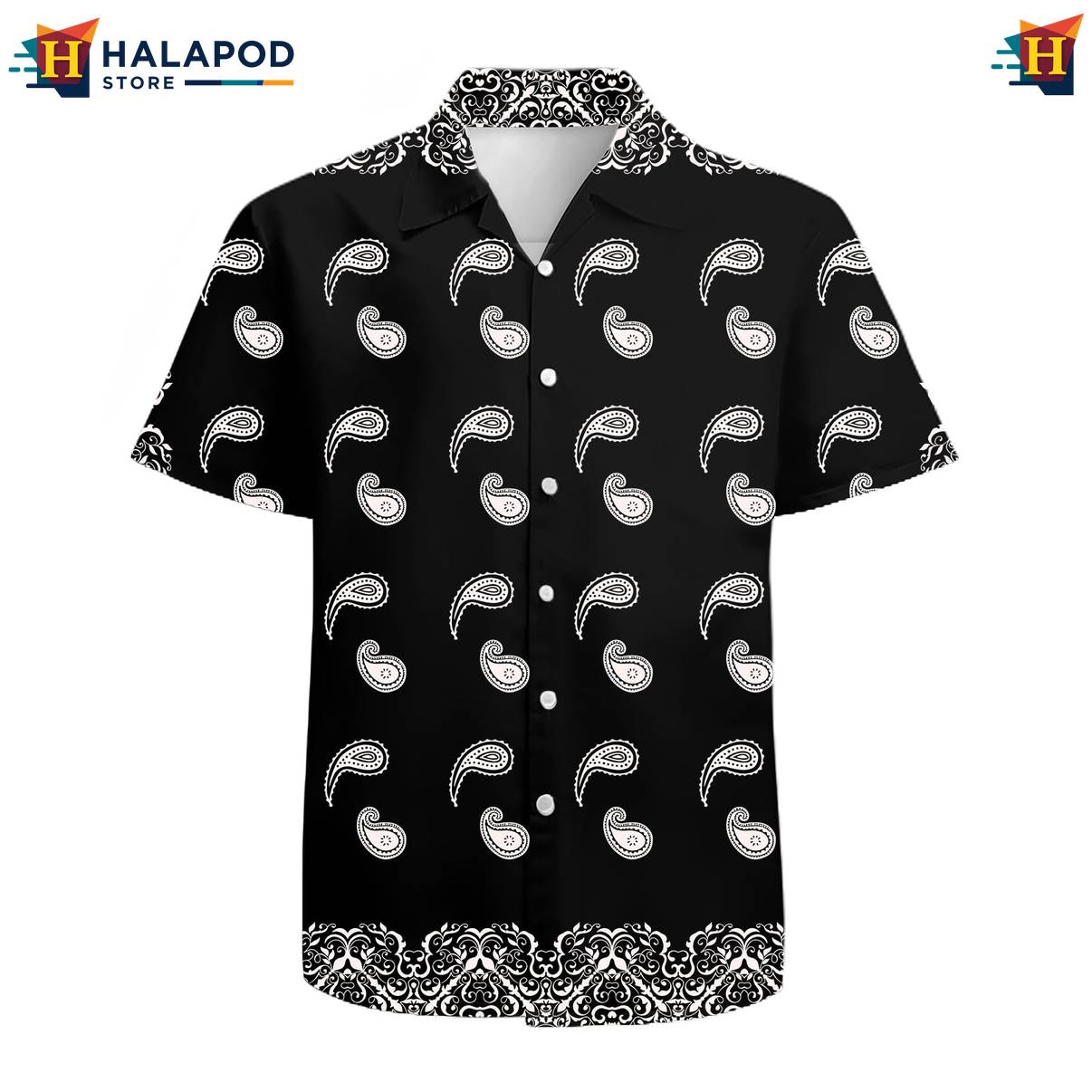 Black Cashew Pattern Hawaiian Shirt Mens Short Sleeve Floral Button Down