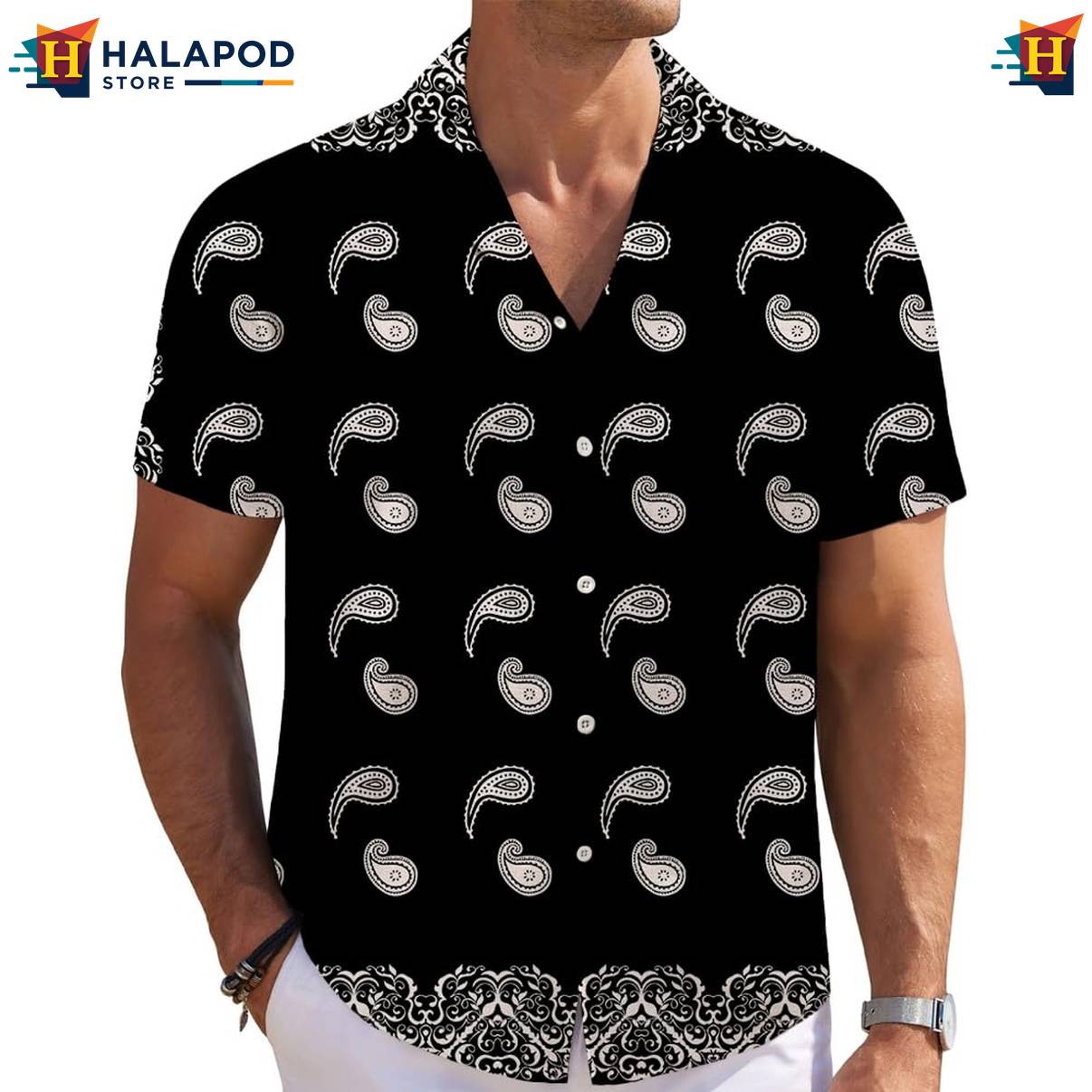 Black Cashew Pattern Short-sleeve button-up shirt Mens Short Sleeve Floral Button Down