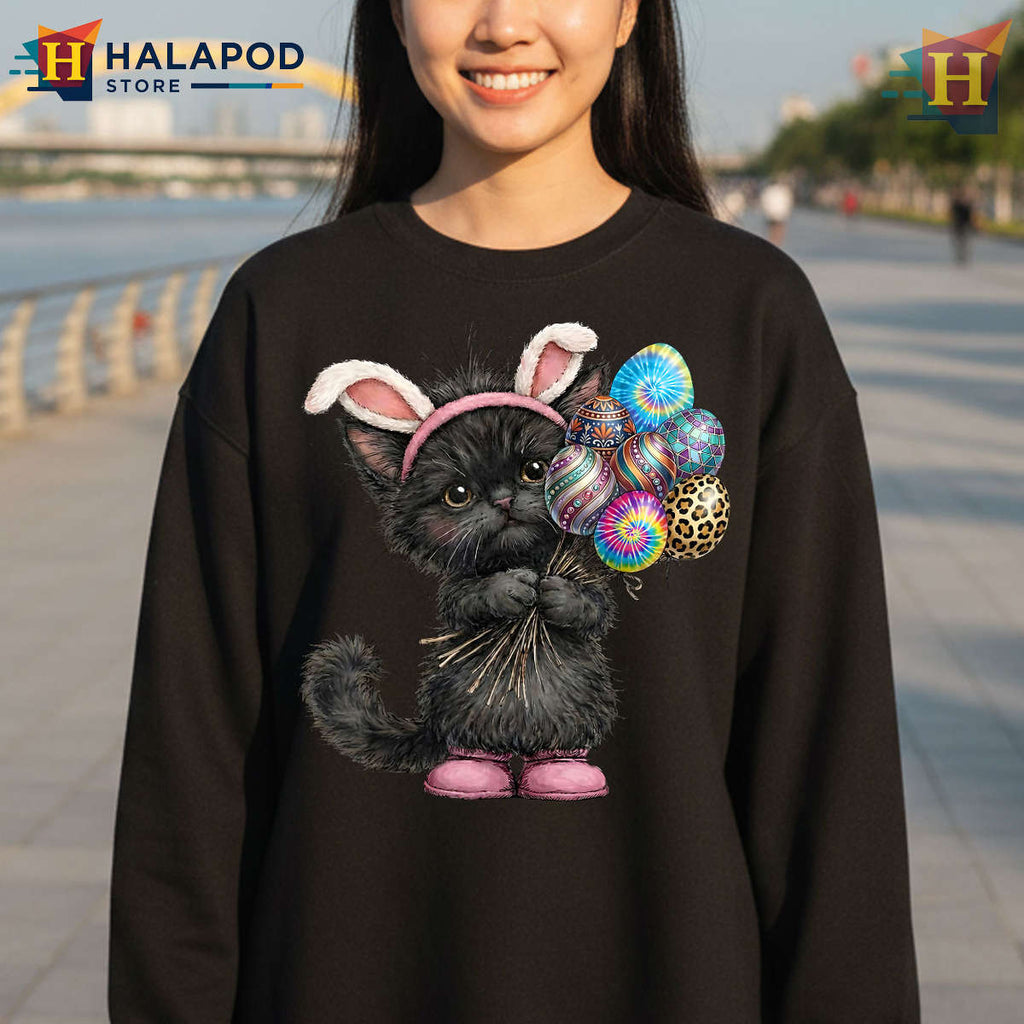 Black Cat Bunny Ears Graphic Easter Shirts For Women Cute Style