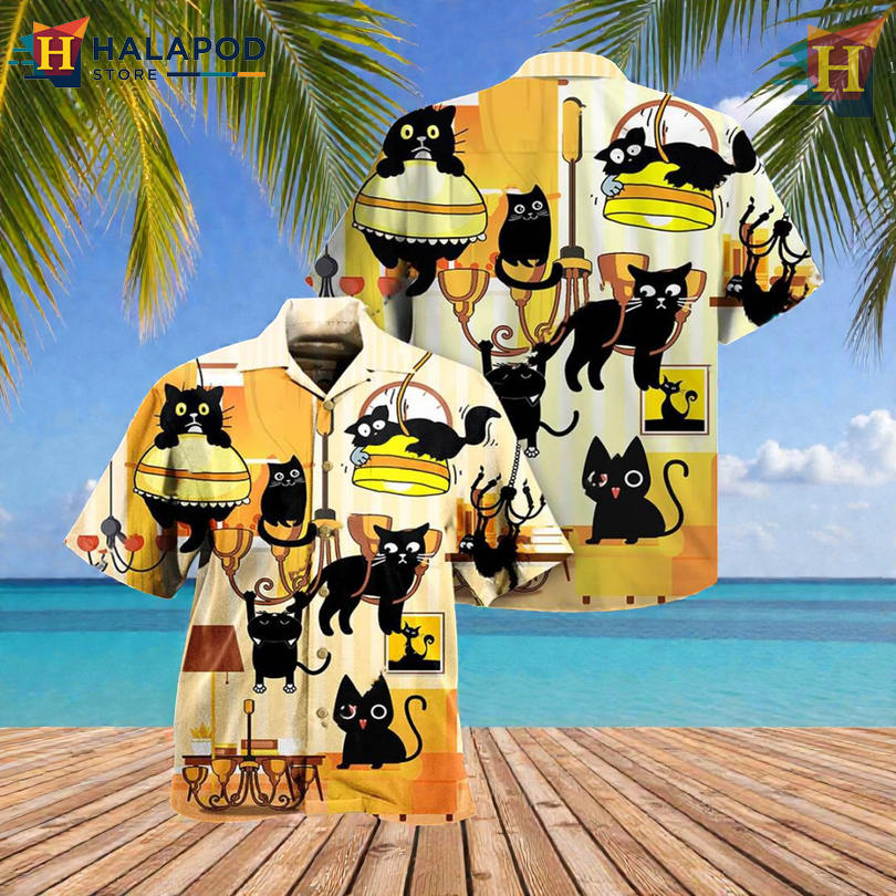 Black Cat Dinner Graphic Matching Hawaiian Shirts for Unique Nighttime Outfits