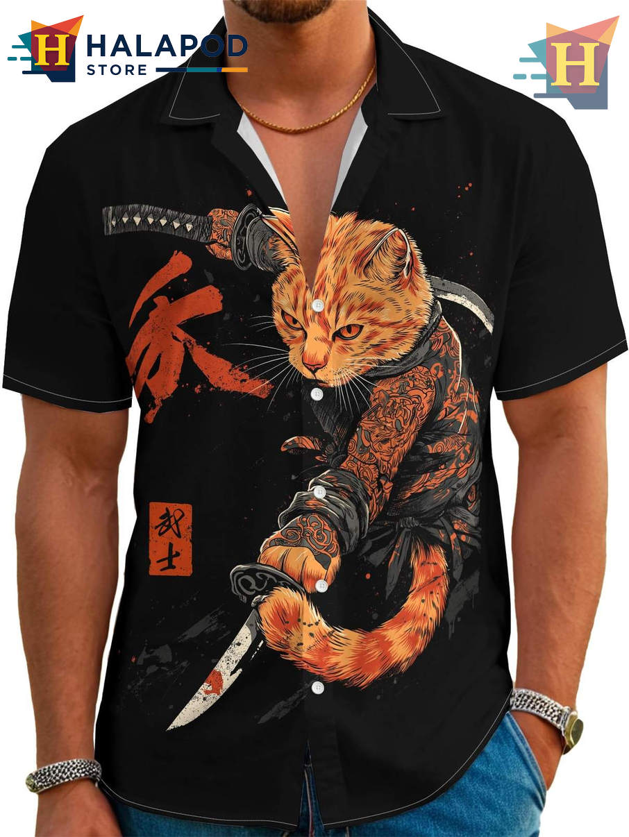 Black Cat Hawaiian Shirt Mens Japanese Style Beach Tropical Holiday Fun Apparel