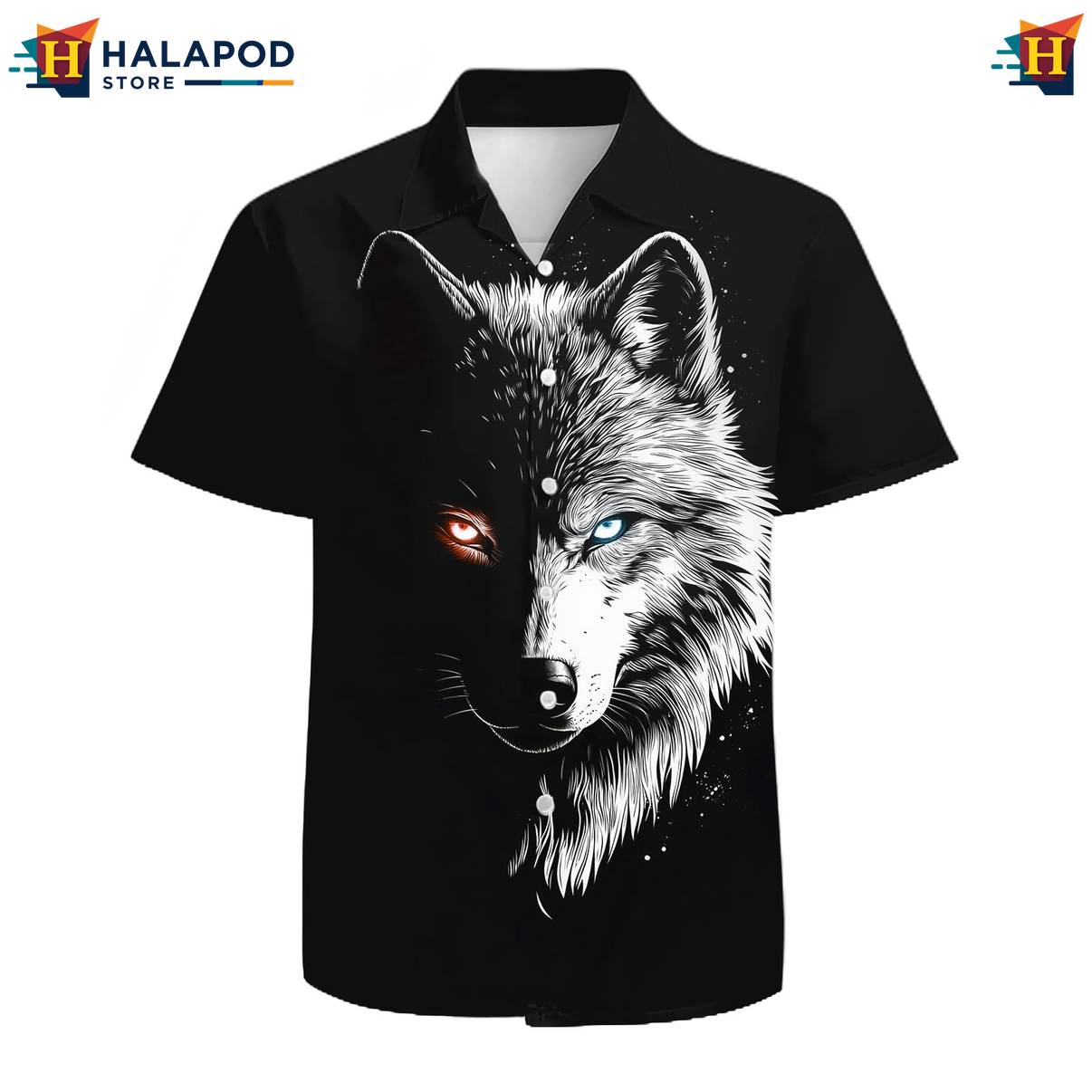 Black Cool Wolf Hawaiian Shirt Mens Short Sleeve Floral Button Down Mens