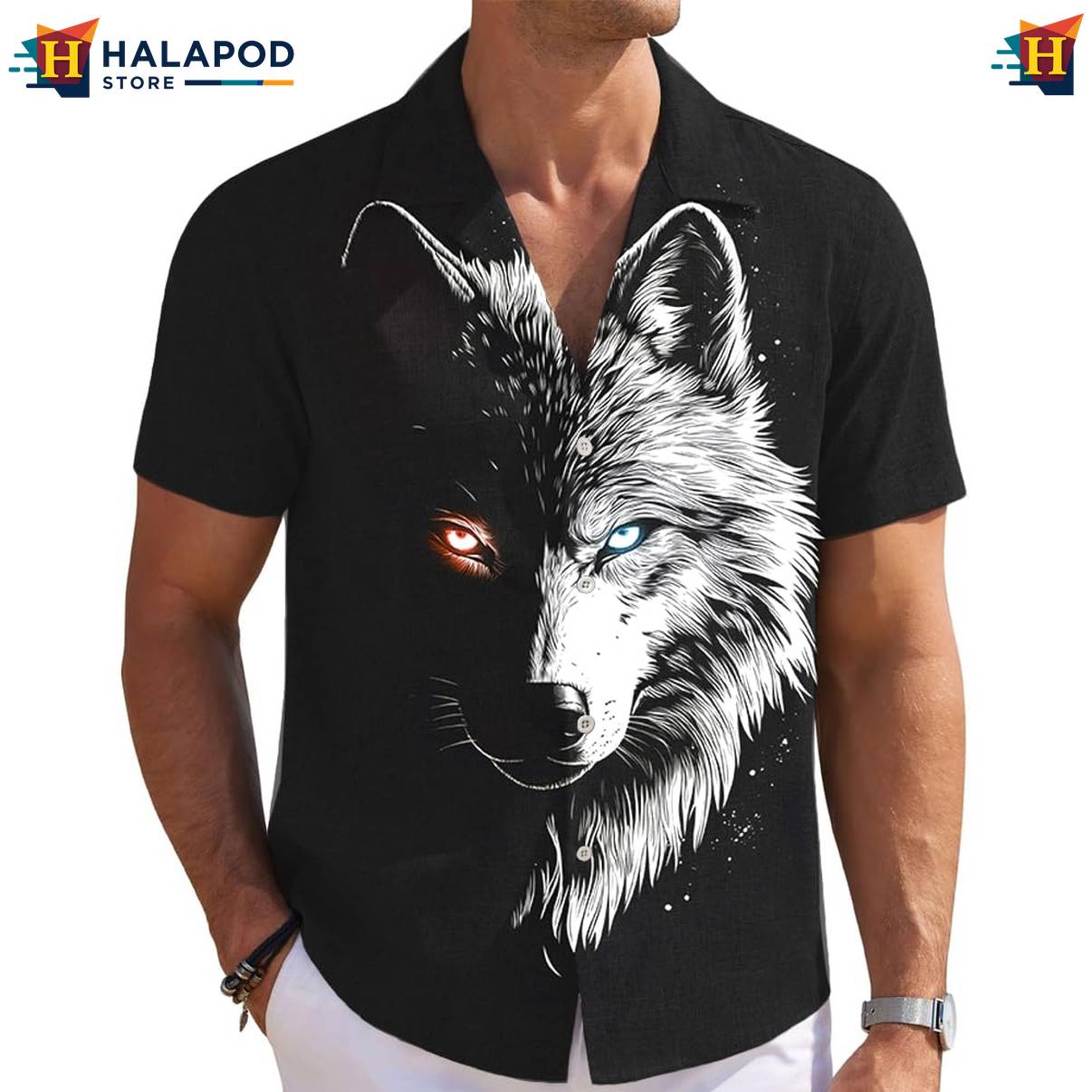 Black Cool Wolf Short-sleeve button-up shirt Mens Short Sleeve Floral Button Down Mens