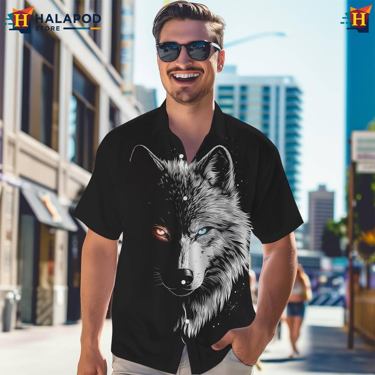 Black Cool Wolf Tropical Shirt Mens Short Sleeve Floral Button Down Mens