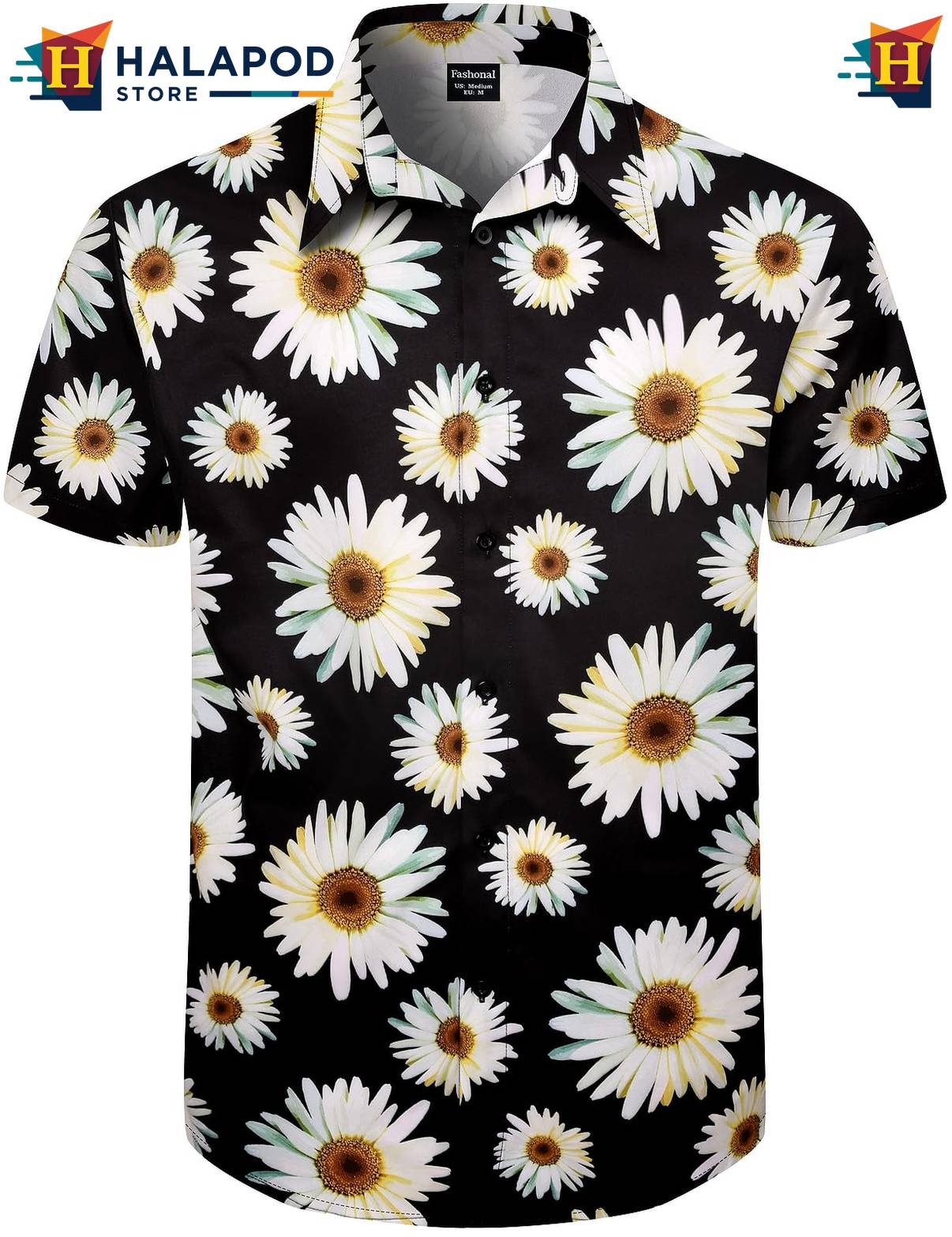 Black Daisy Tropical Hawaiian Shirt Mens Beach Button Down Short Sleeve