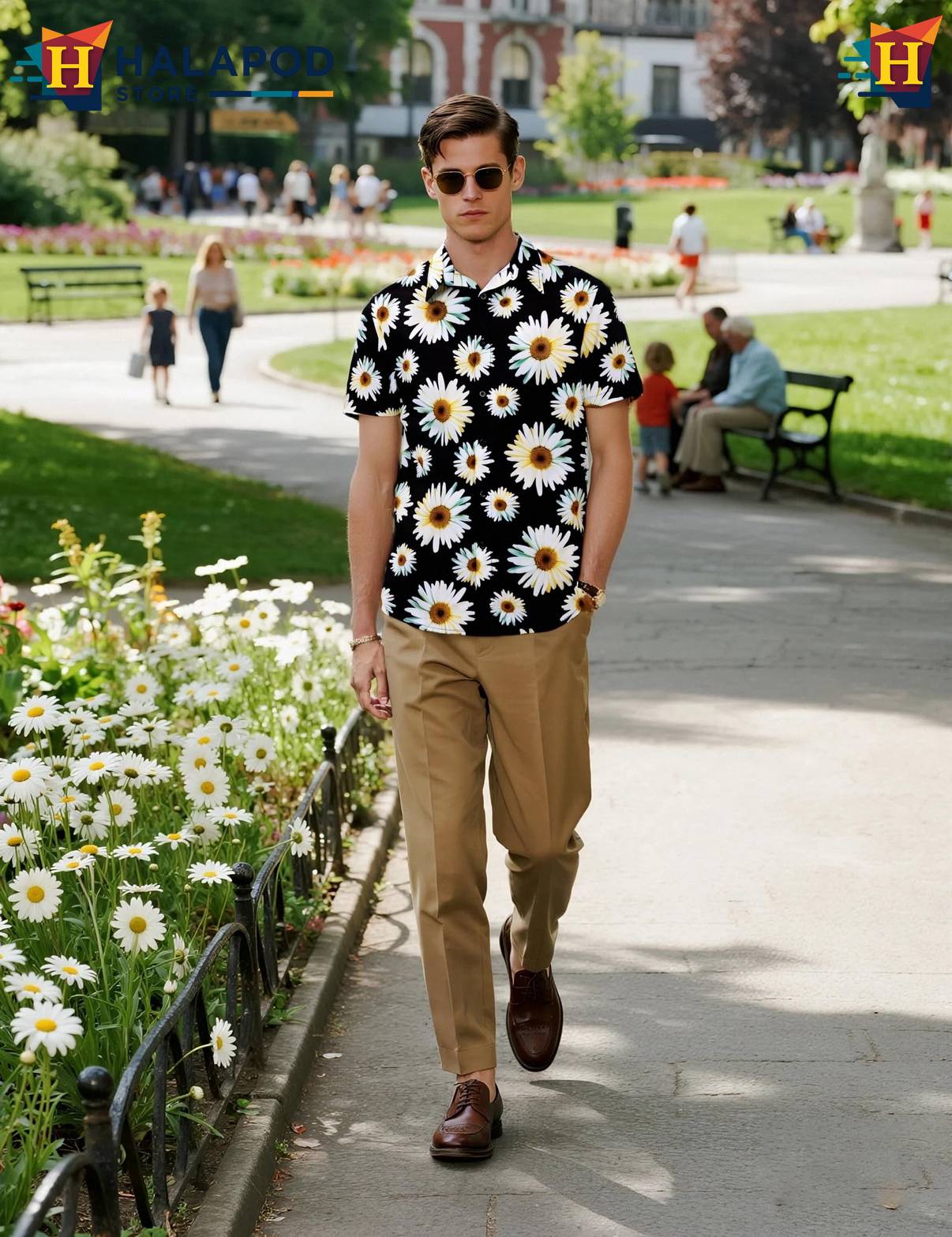 Black Daisy Tropical Tropical Shirt Mens Beach Button Down Short Sleeve