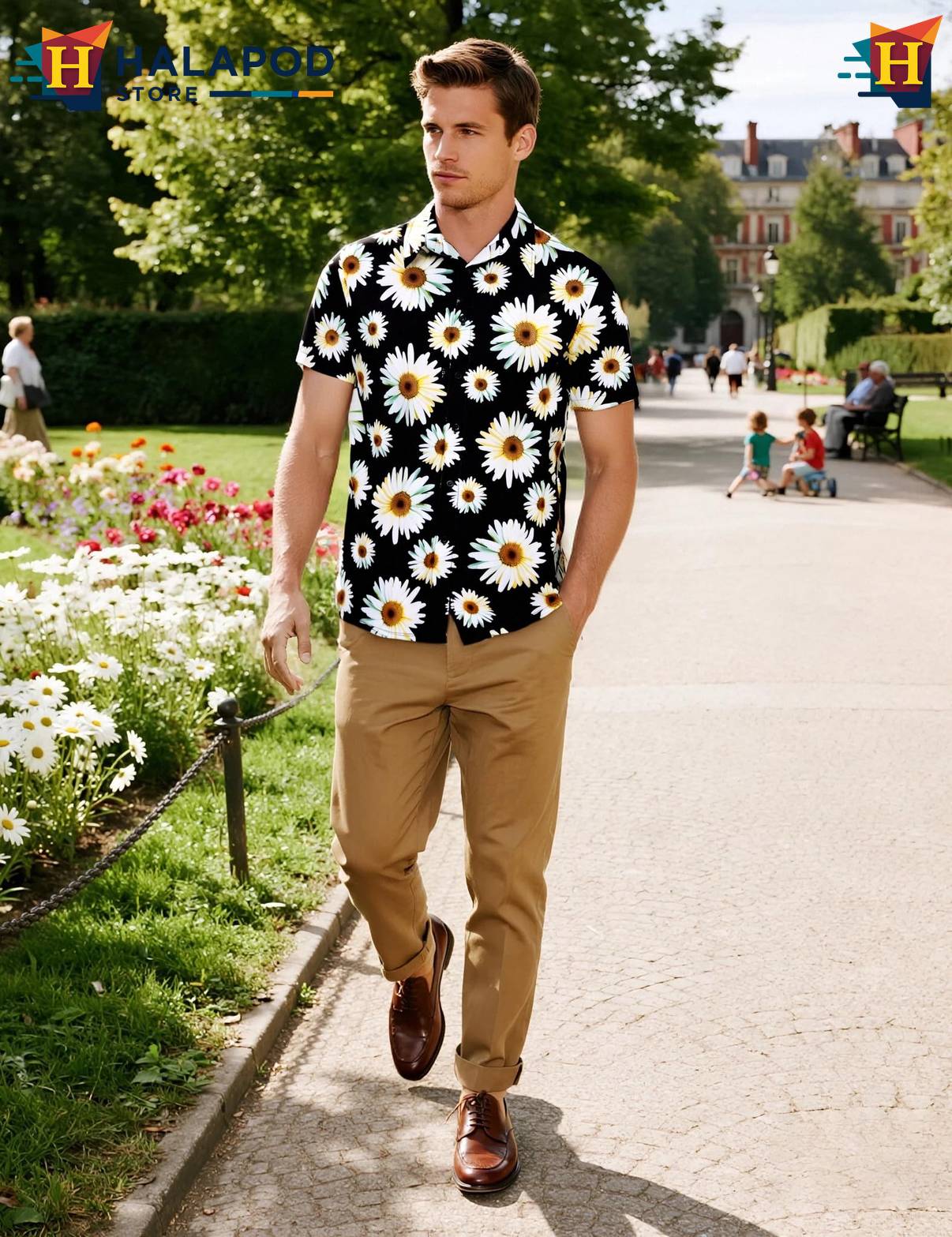 Black Daisy Tropical Aloha Shirt Mens Beach Button Down Short Sleeve