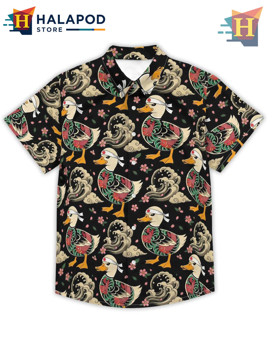 Black Duck Hawaiian Shirt Mens Japanese Style Beach Tropical Holiday Button Top