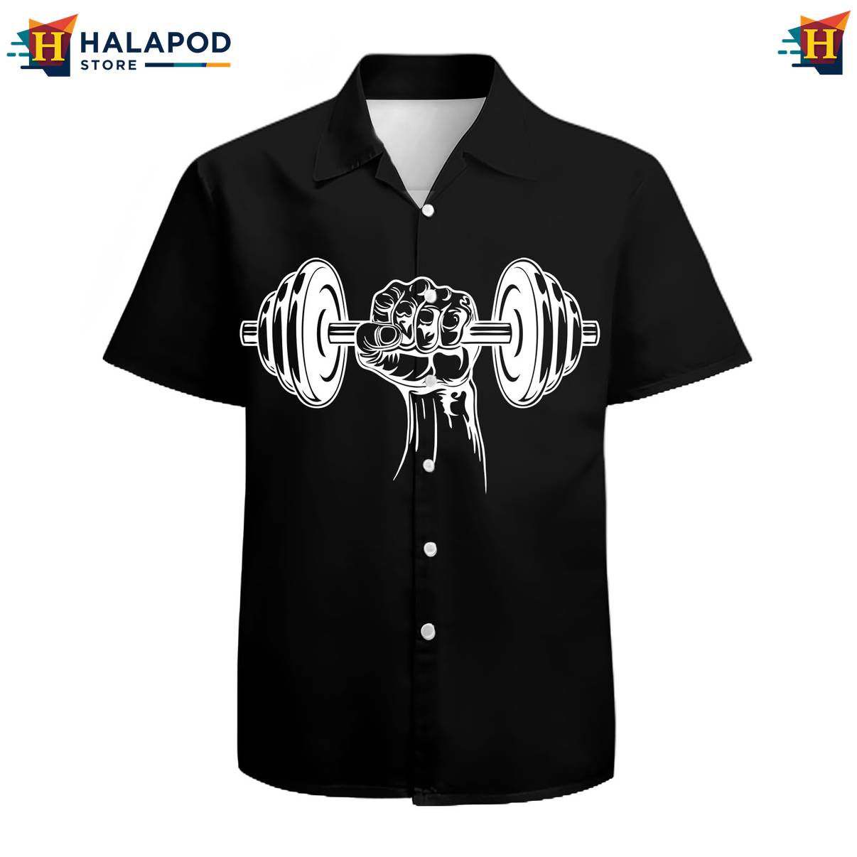 Black Dumbbell Print Hawaiian Shirt Mens Short Sleeve Floral Button Down