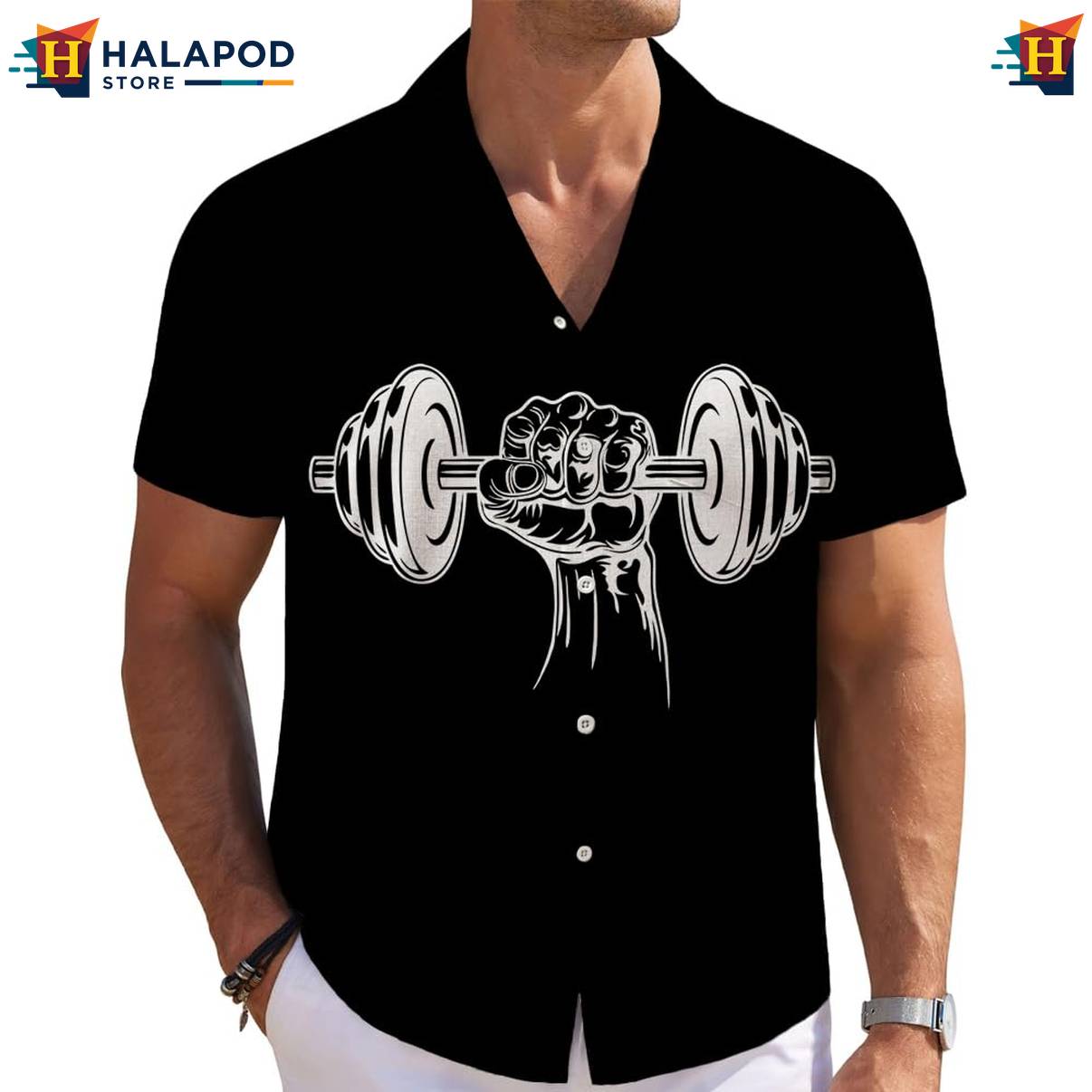 Black Dumbbell Print Short-sleeve button-up shirt Mens Short Sleeve Floral Button Down