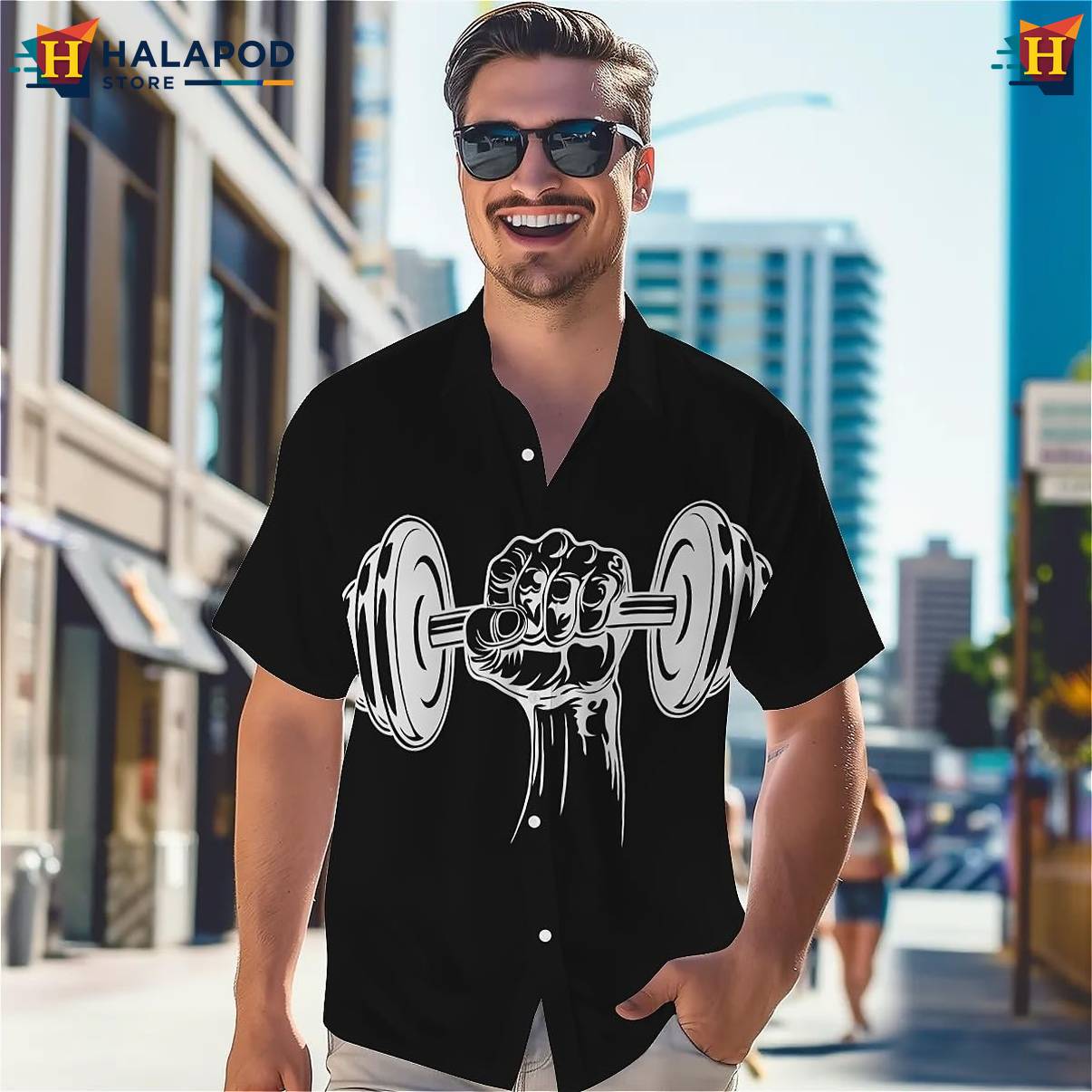 Black Dumbbell Print Tropical Shirt Mens Short Sleeve Floral Button Down