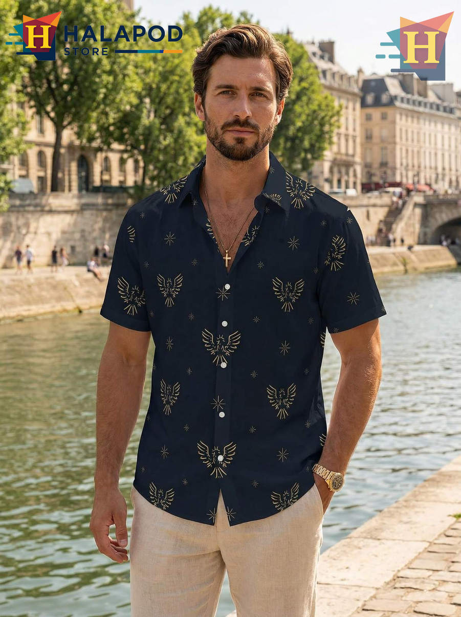Black Eagle Star Hawaiian Shirt Funny Mens Beach Tropical Holiday Casual Shirt