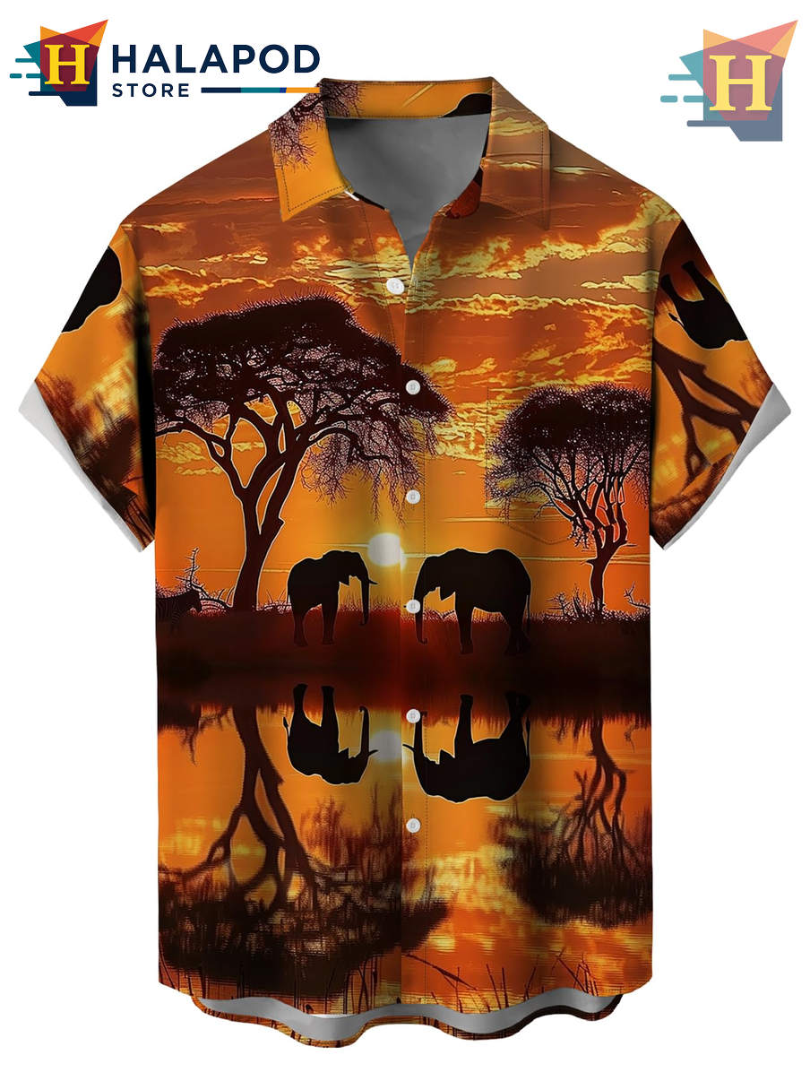 Black Elephant Shadow Hawaiian Shirt Tropical Holiday Casual Summer Beach Gear