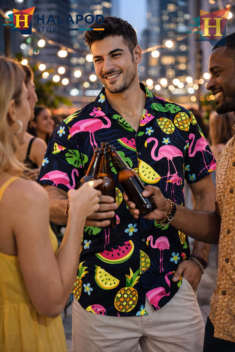 Black Flamingo Melon Hawaiian Shirt Tropical Summer Beach Casual Mens Shirt