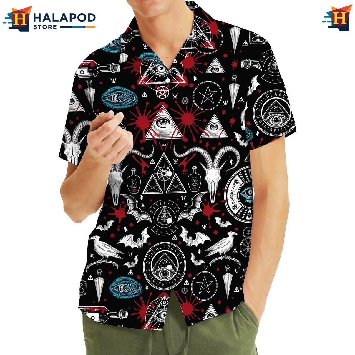 Black Gothic Funny Aloha Shirt Alien UFO Short Sleeve Button Down Tops