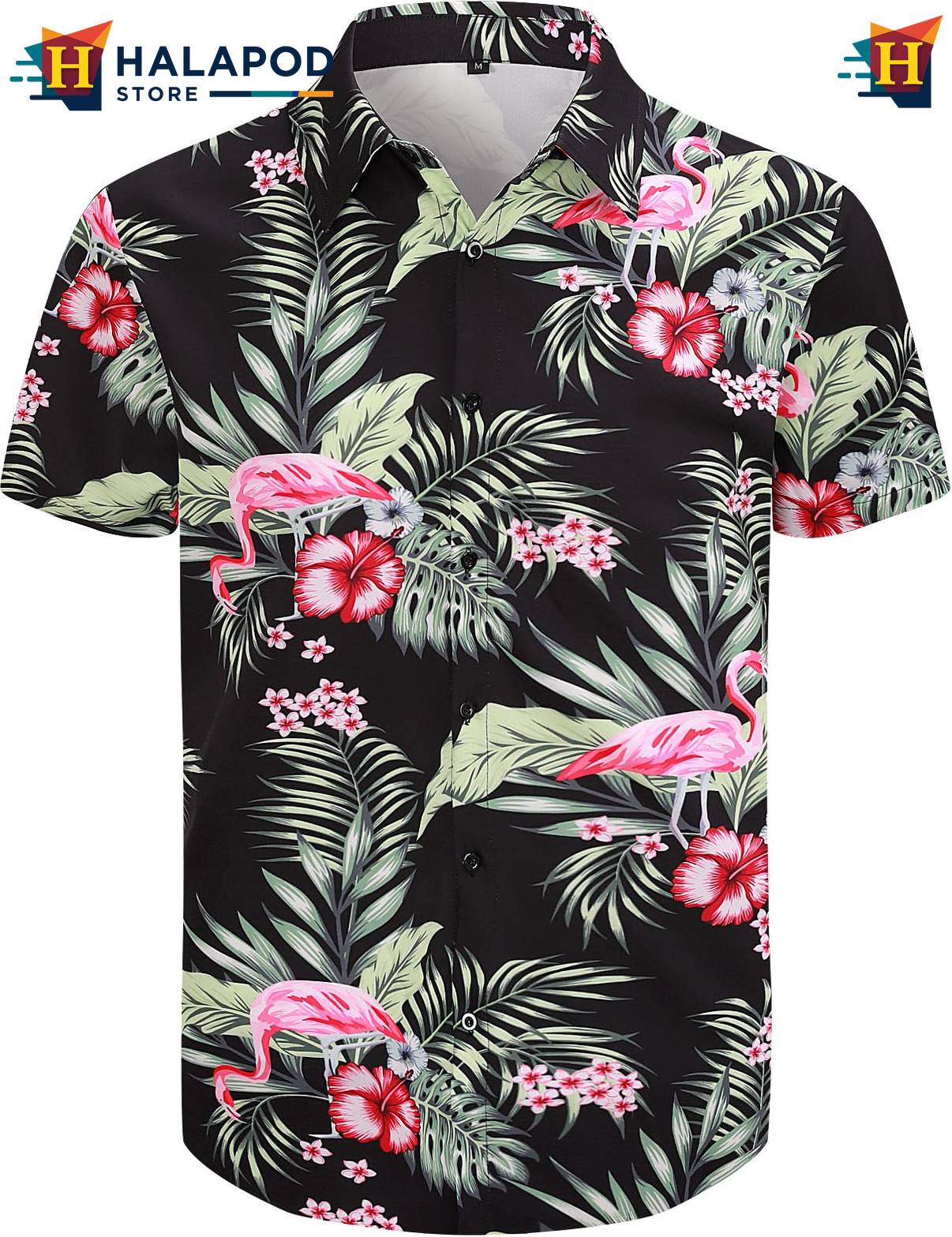 Black Green Flamingo Hawaiian Shirt Mens Tropical Beach Button Down Tops