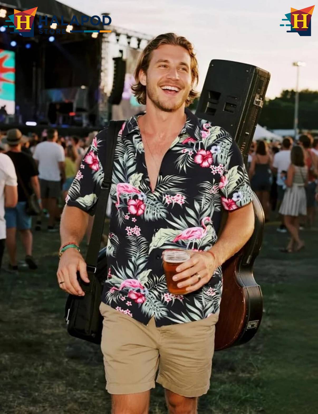 Black Green Flamingo Short-sleeve button-up shirt Mens Tropical Beach Button Down Tops
