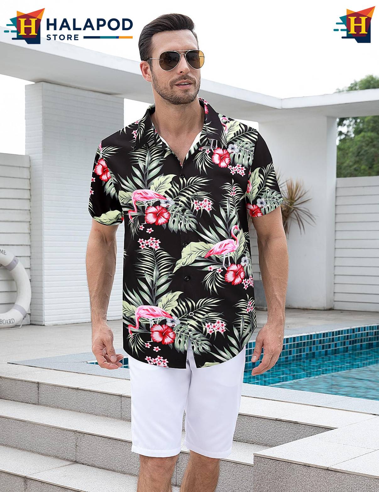 Black Green Flamingo Tropical Shirt Mens Tropical Beach Button Down Tops