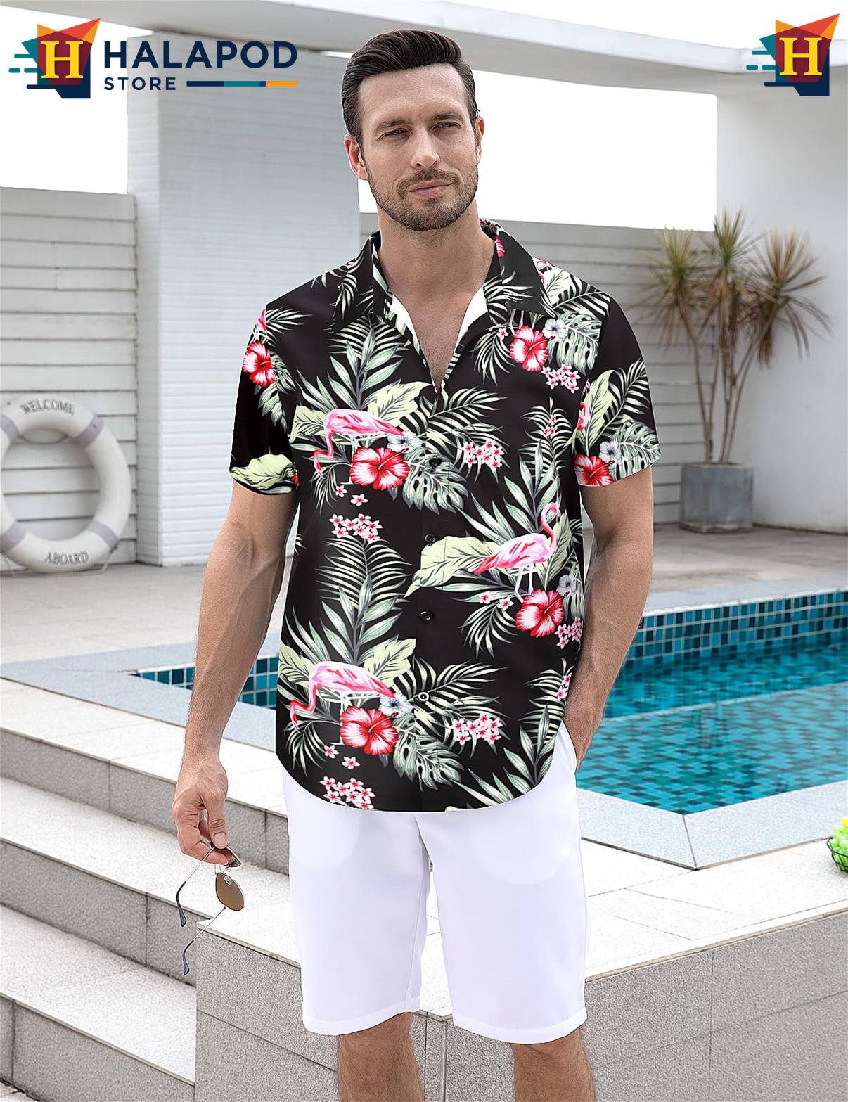 Black Green Flamingo Aloha Shirt Mens Tropical Beach Button Down Tops
