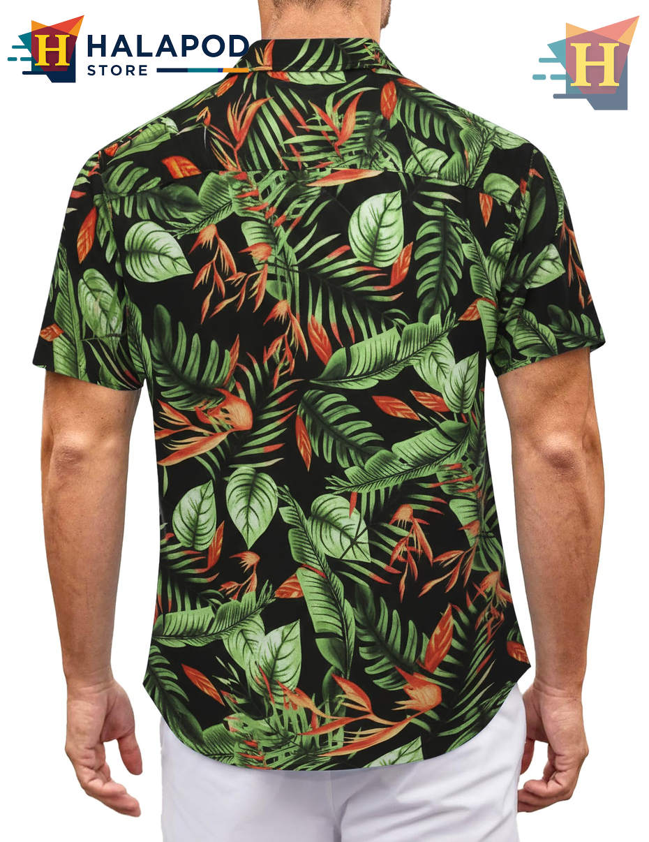 Black Green Leaf Hawaiian Shirt Casual Summer Beach Tropical Outfits Shirt