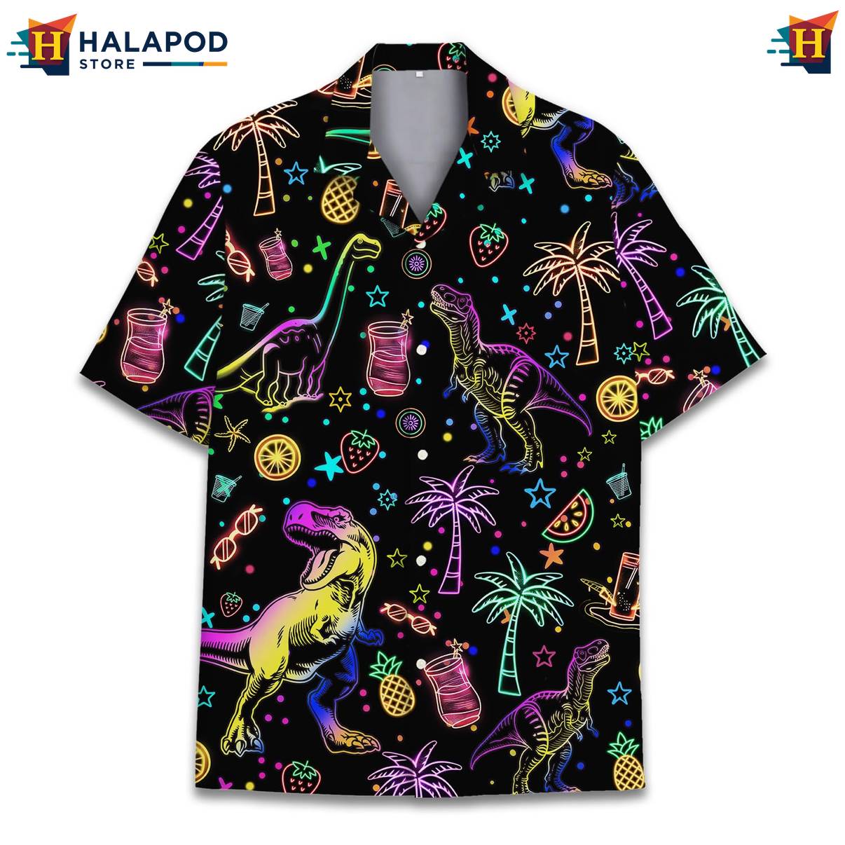 Black Neon Dinosaur Hawaiian Shirt Funny Alien UFO Short Sleeve Button Down