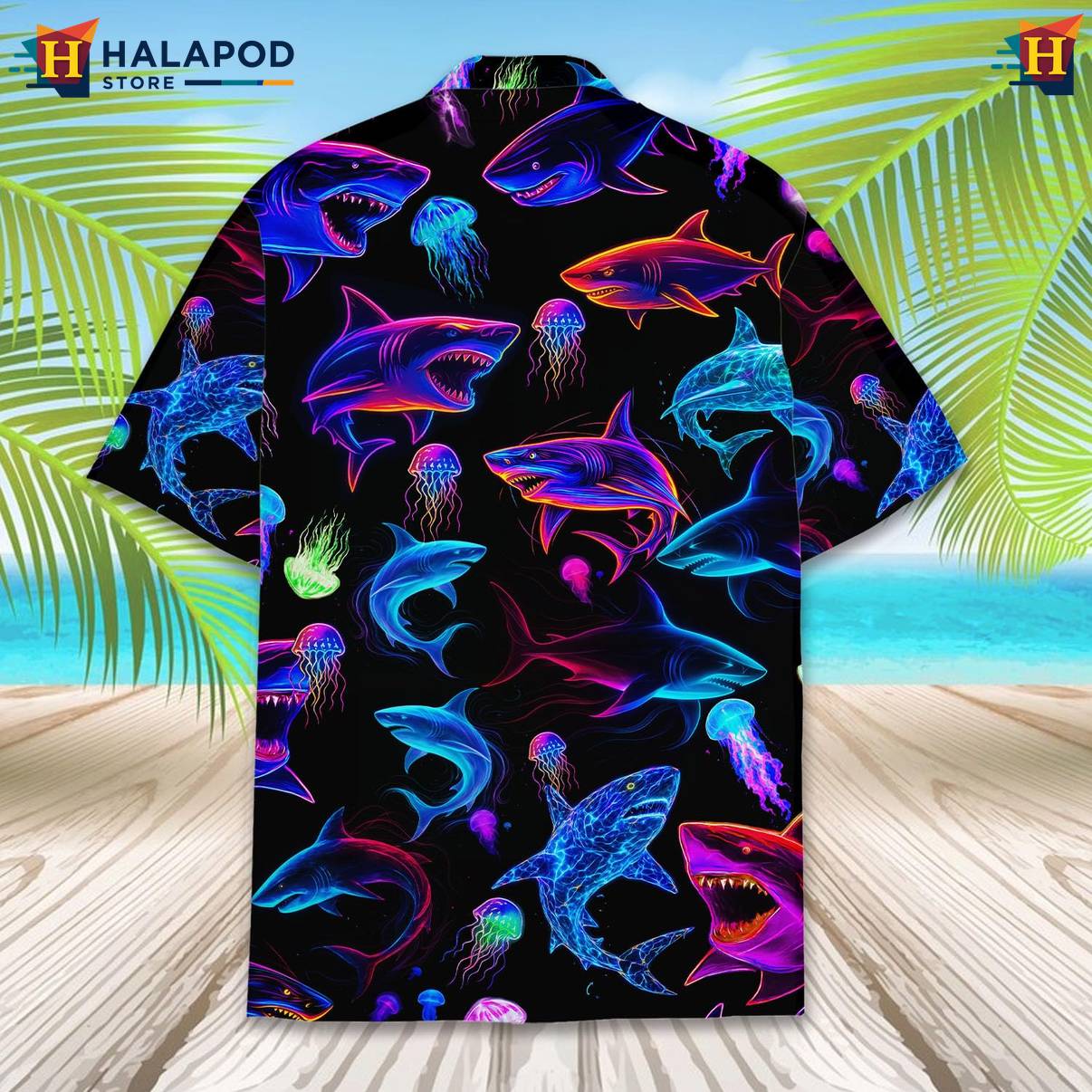Black Neon Shark Short-sleeve button-up shirt Funny Alien UFO Short Sleeve Button Down