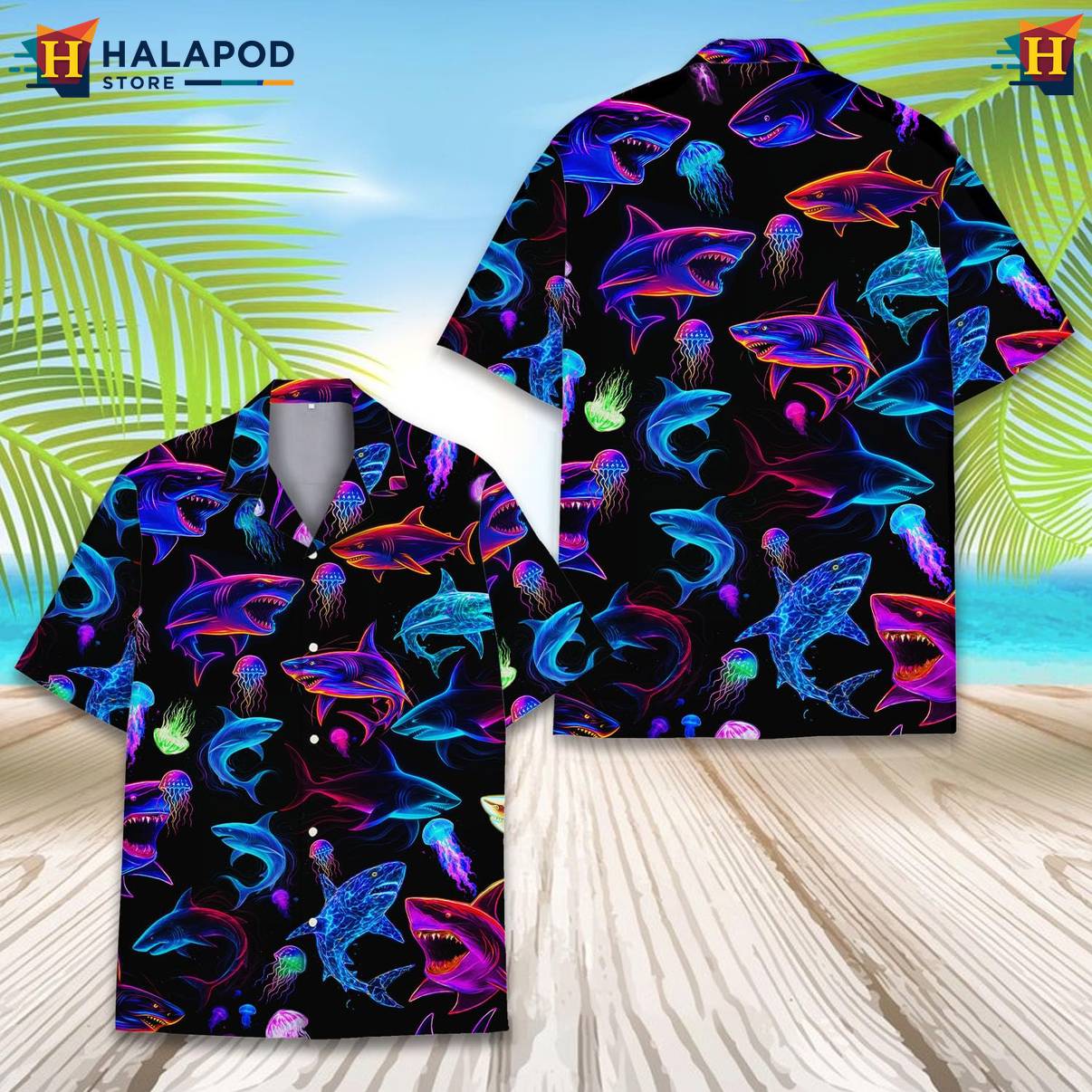 Black Neon Shark Tropical Shirt Funny Alien UFO Short Sleeve Button Down