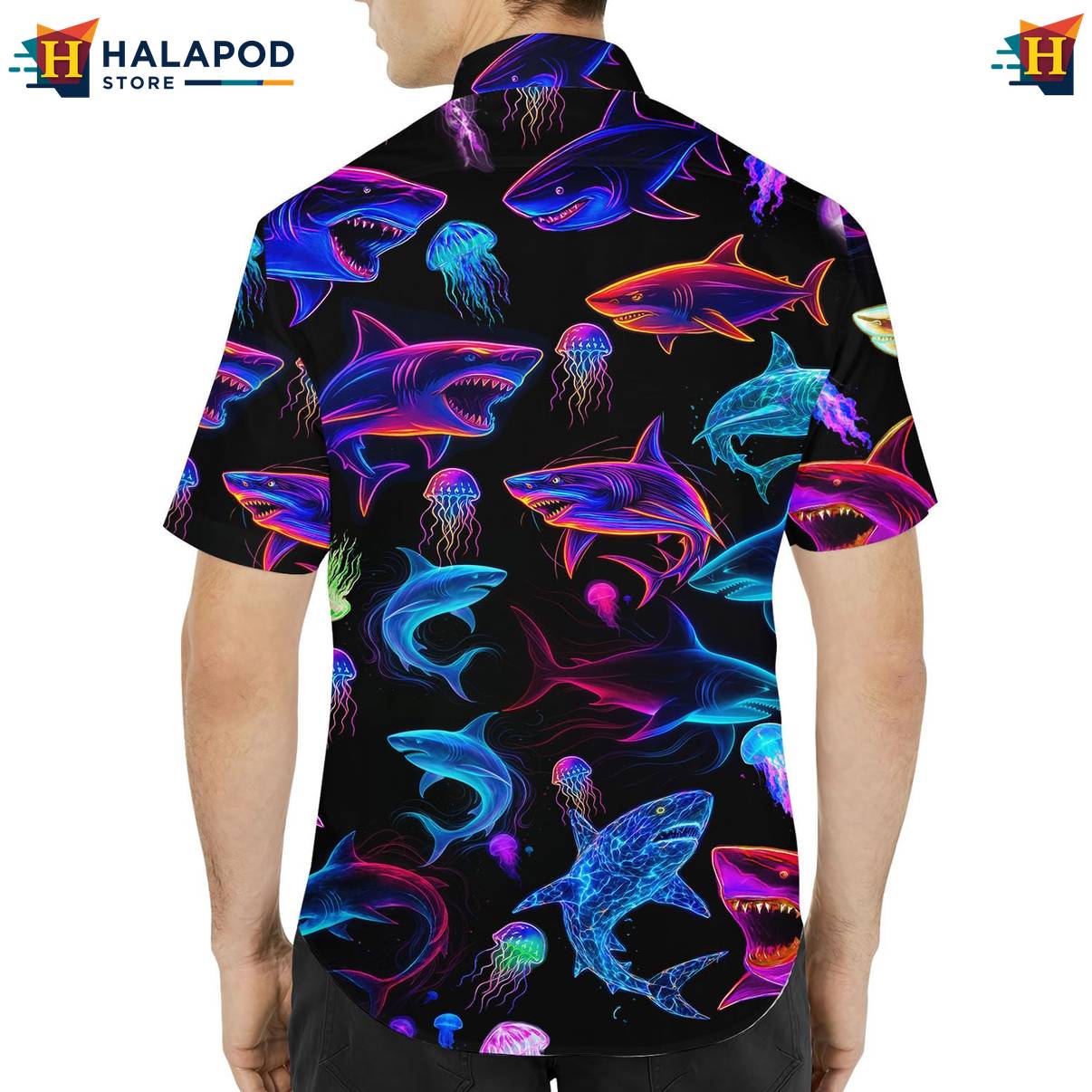 Black Neon Shark Short-sleeve button-up shirt Funny Alien UFO Short Sleeve Button Down